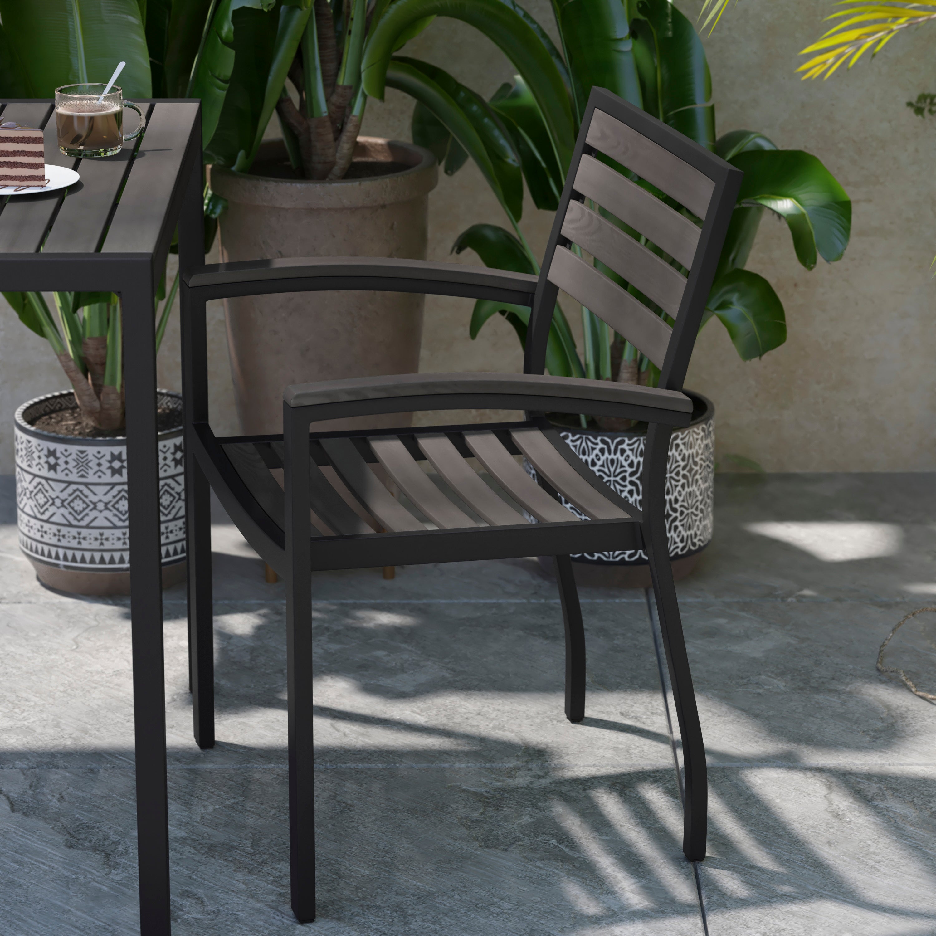 Lark Set of 2 Outdoor Stackable Faux Teak Side Chairs - Commercial Grade Black Aluminum Patio Chairs with Synthetic Gray Wash Faux Teak Slats