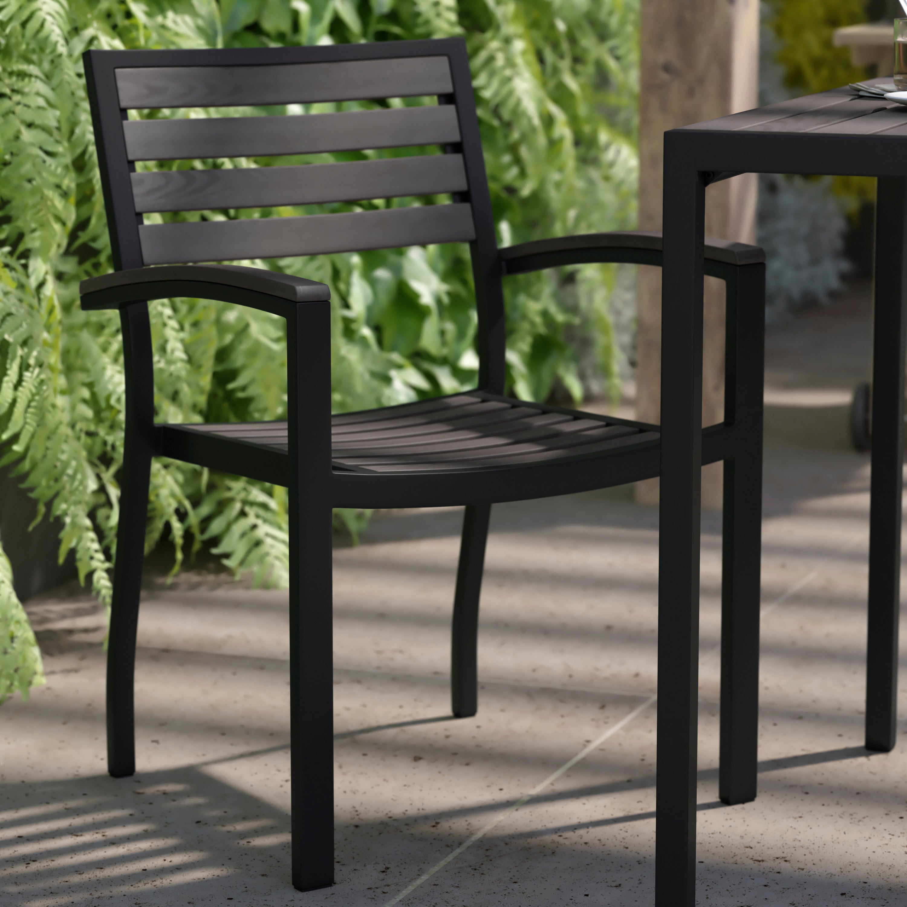 Lark Set of 2 Outdoor Stackable Faux Teak Side Chairs - Commercial Grade Black Aluminum Patio Chairs with Synthetic Gray Wash Faux Teak Slats