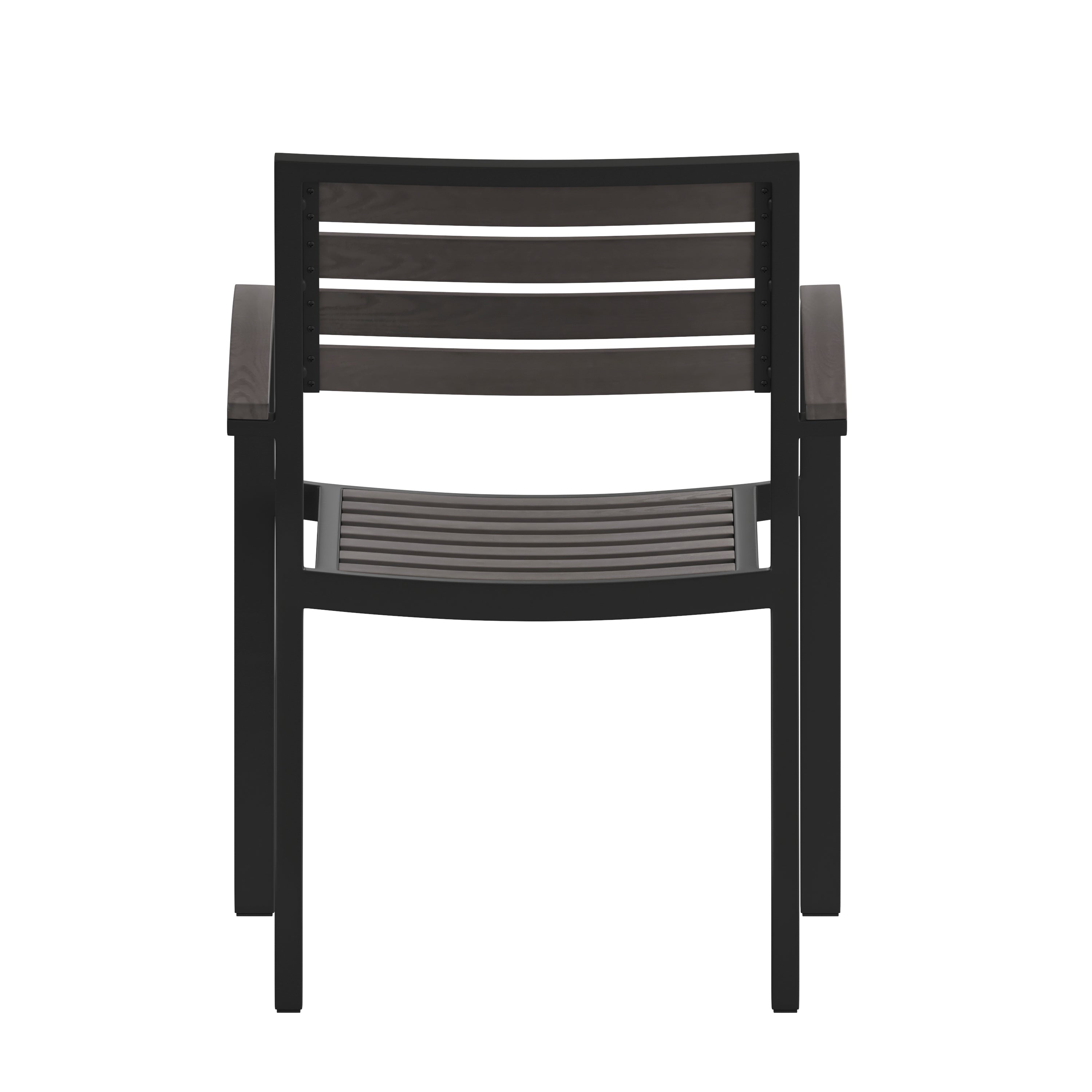 Lark Set of 2 Outdoor Stackable Faux Teak Side Chairs - Commercial Grade Black Aluminum Patio Chairs with Synthetic Gray Wash Faux Teak Slats