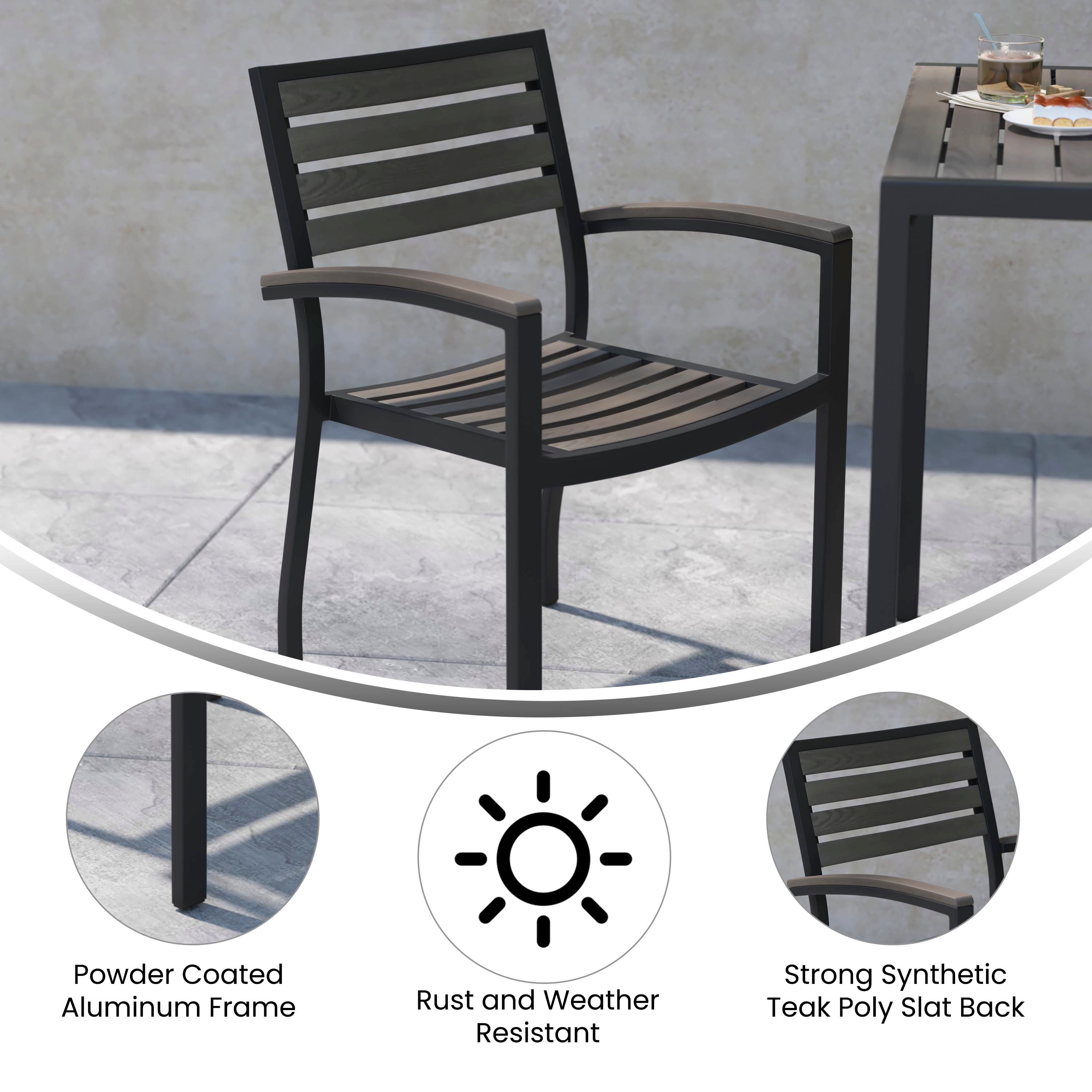Lark Set of 2 Outdoor Stackable Faux Teak Side Chairs - Commercial Grade Black Aluminum Patio Chairs with Synthetic Gray Wash Faux Teak Slats