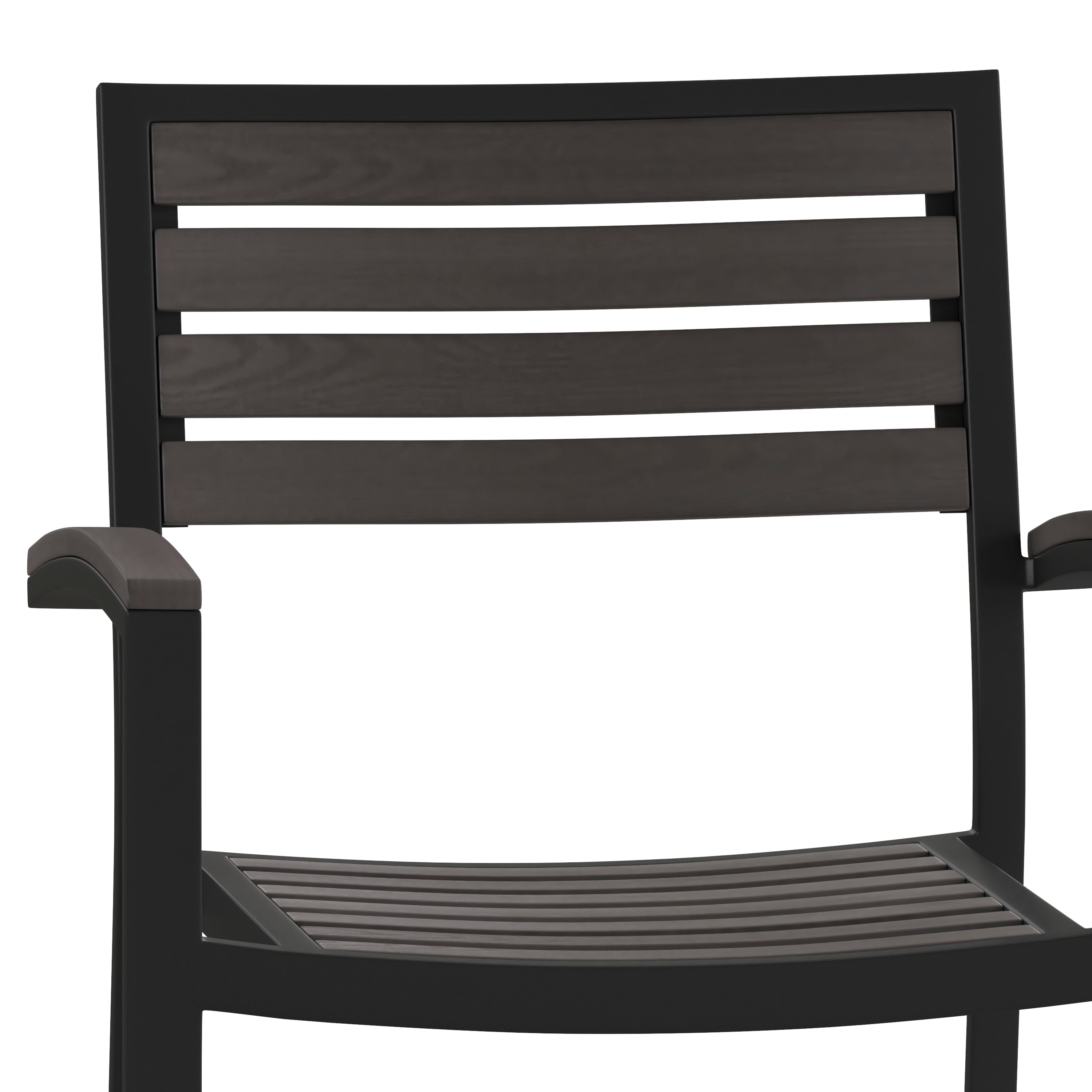 Lark Set of 2 Outdoor Stackable Faux Teak Side Chairs - Commercial Grade Black Aluminum Patio Chairs with Synthetic Gray Wash Faux Teak Slats