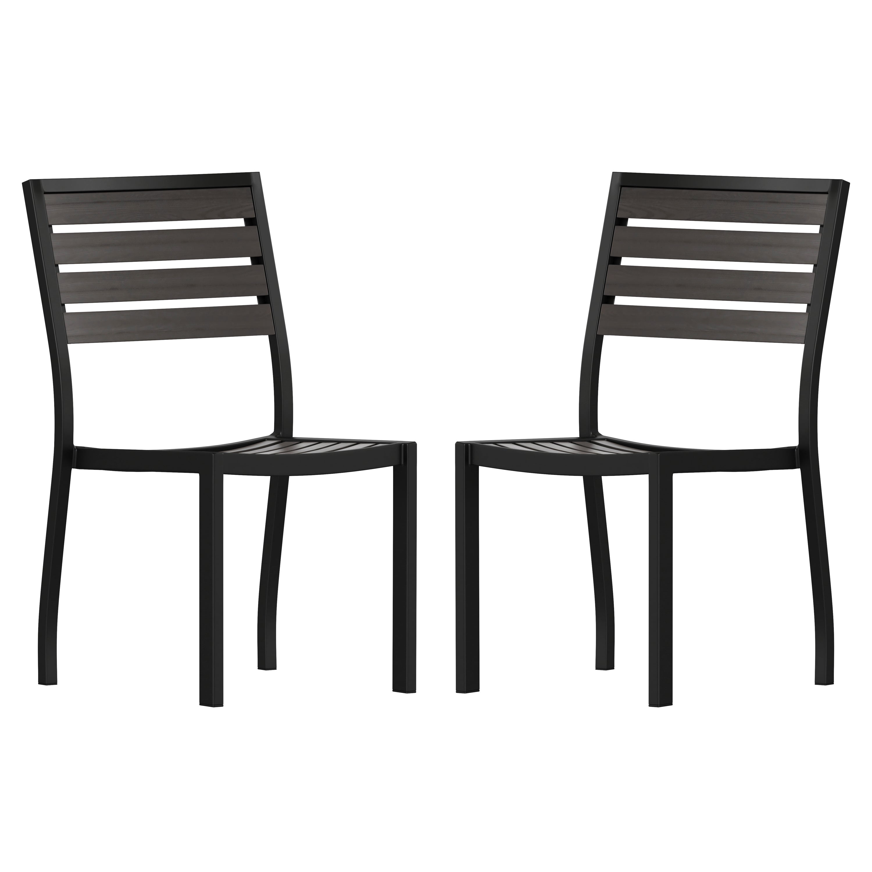 Lark Outdoor Stackable Side Chair with Gray Wash Faux Teak Poly Slats, Set of 2