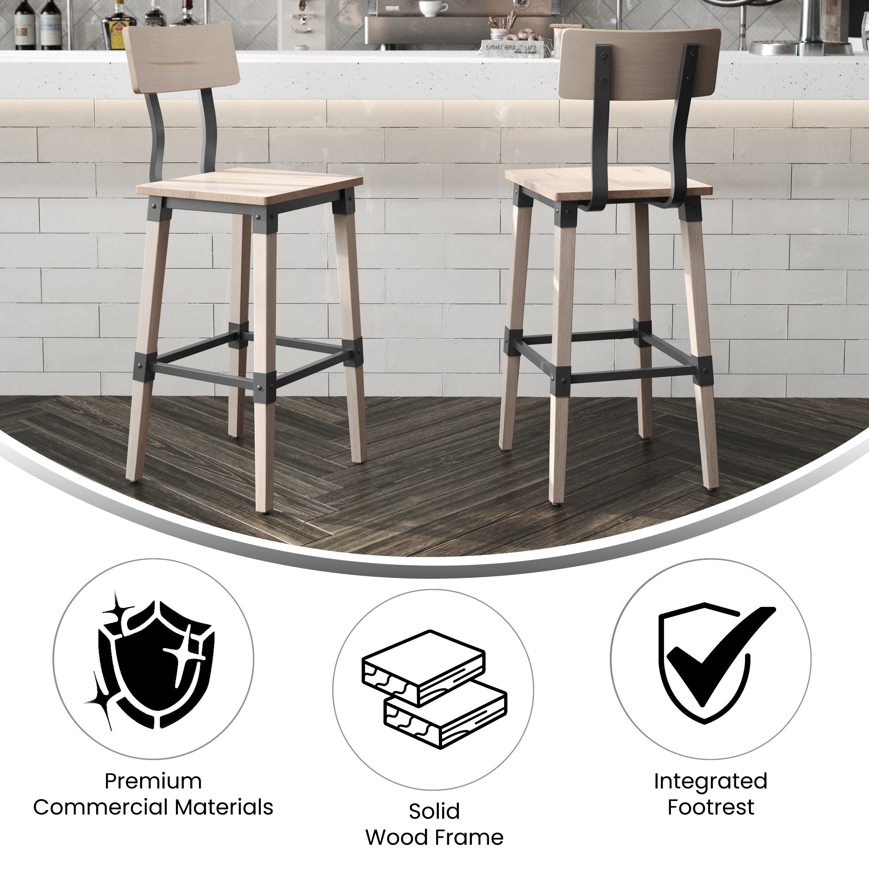 Jackson 2 Pack Commercial Grade Rustic Antique White Industrial Wood Dining Barstool