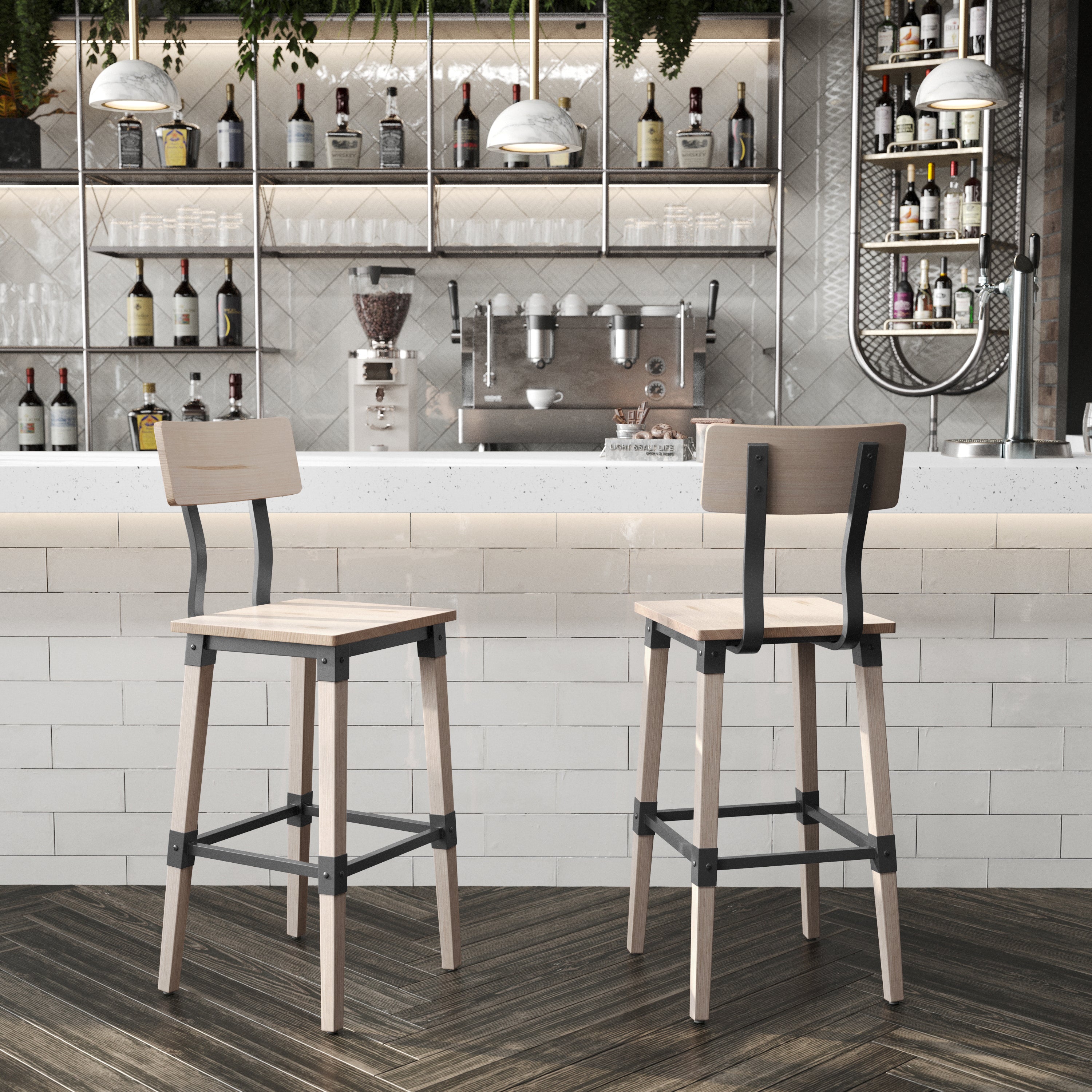 Jackson 2 Pack Commercial Grade Rustic Antique White Industrial Wood Dining Barstool
