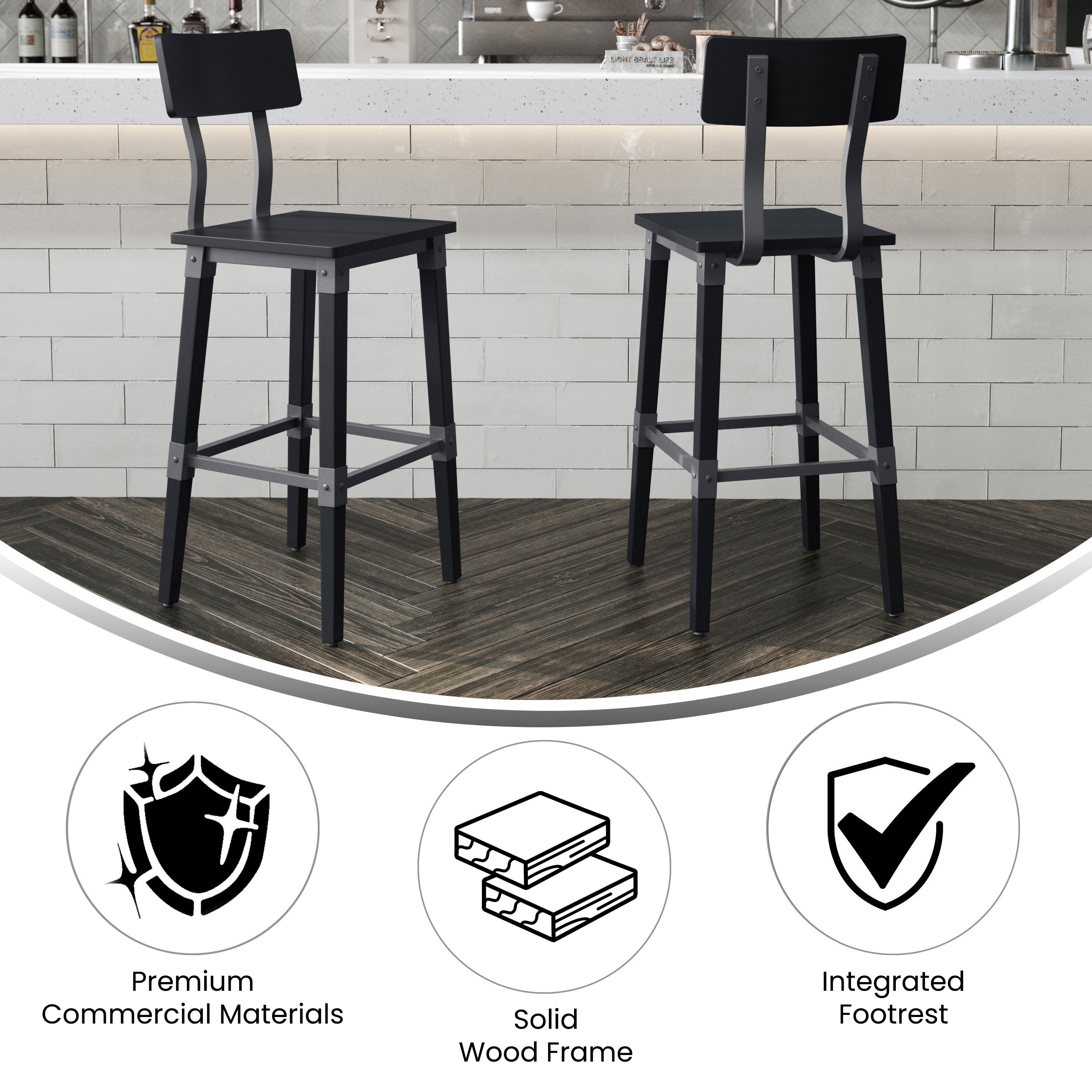 Jackson 2 Pack Commercial Grade Rustic Black Industrial Wood Dining Barstool