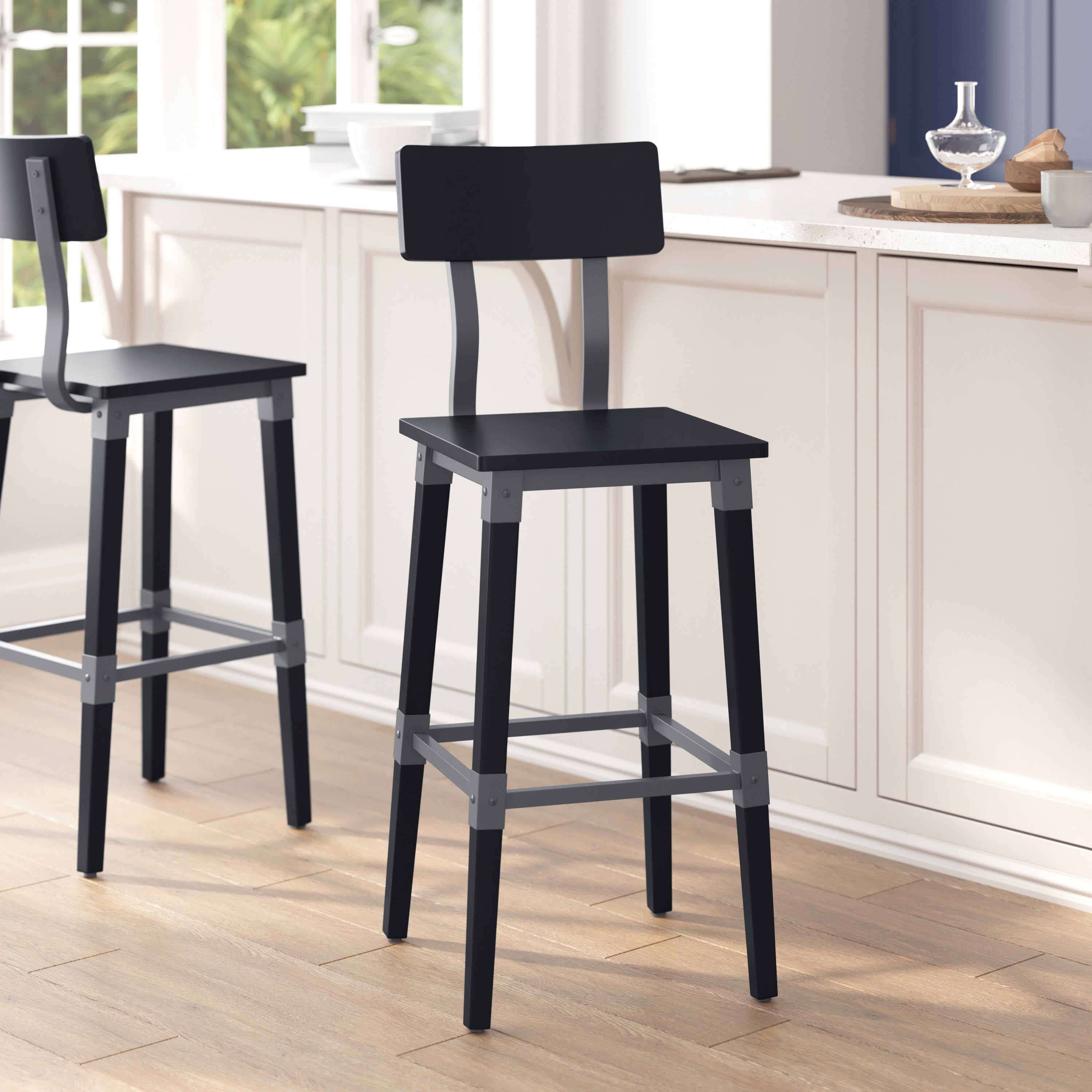 Jackson 2 Pack Commercial Grade Rustic Black Industrial Wood Dining Barstool