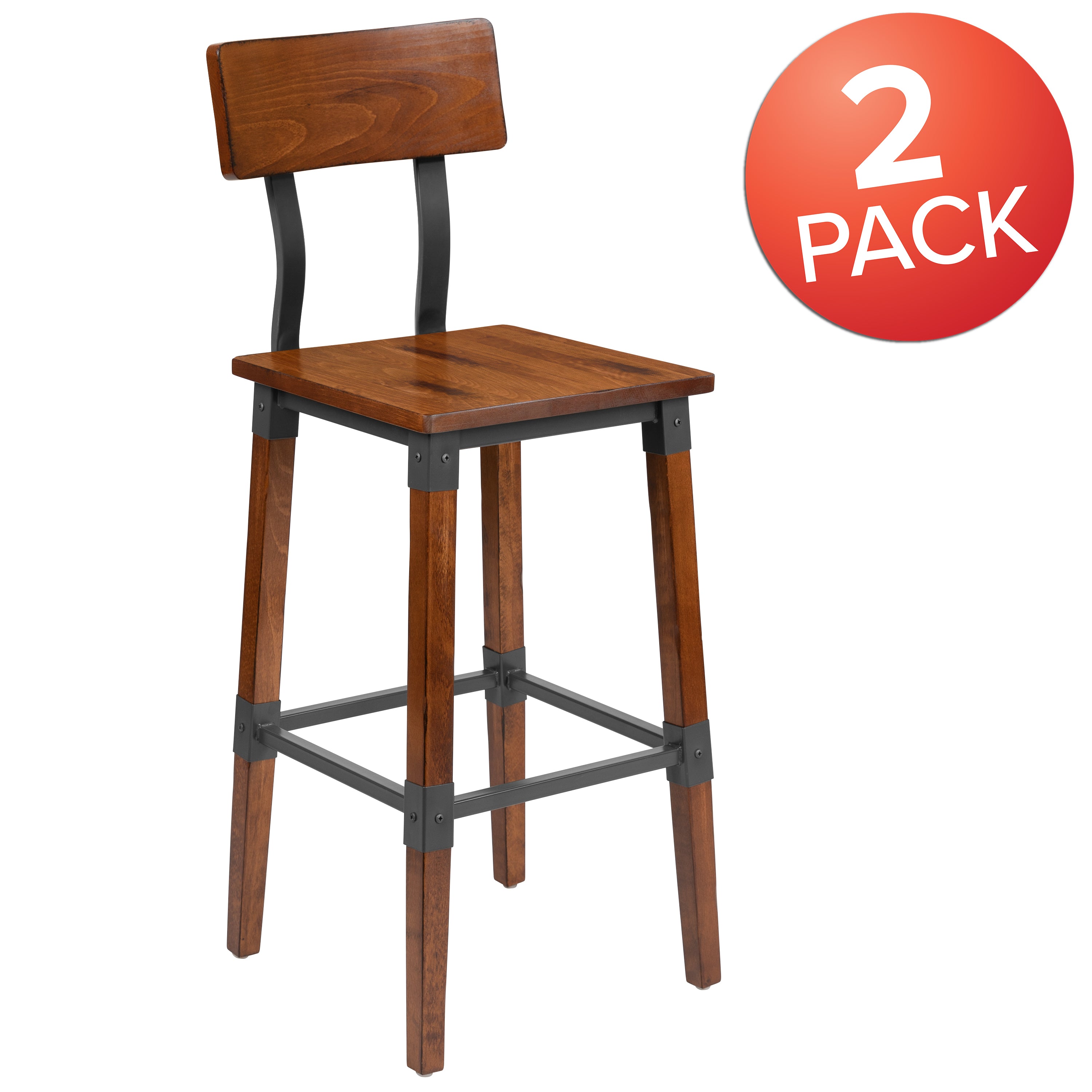 Jackson 2 Pack Rustic Antique Walnut Industrial Wood Dining Barstool