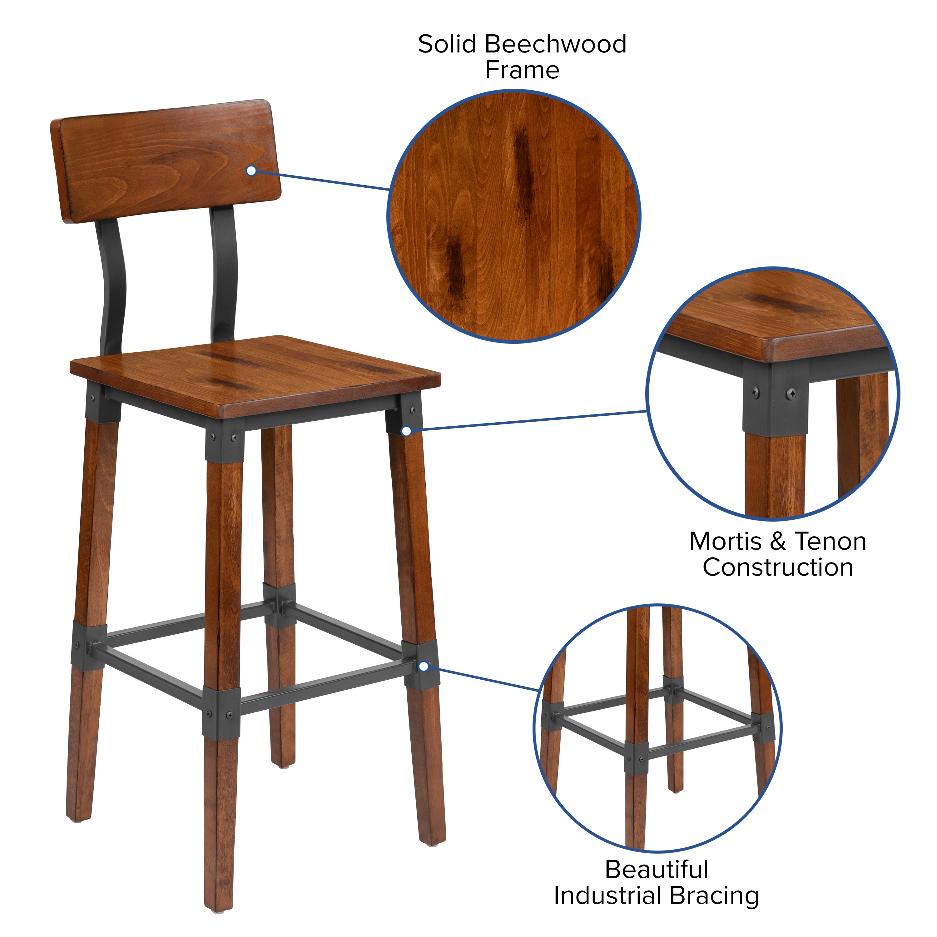 Jackson 2 Pack Rustic Antique Walnut Industrial Wood Dining Barstool