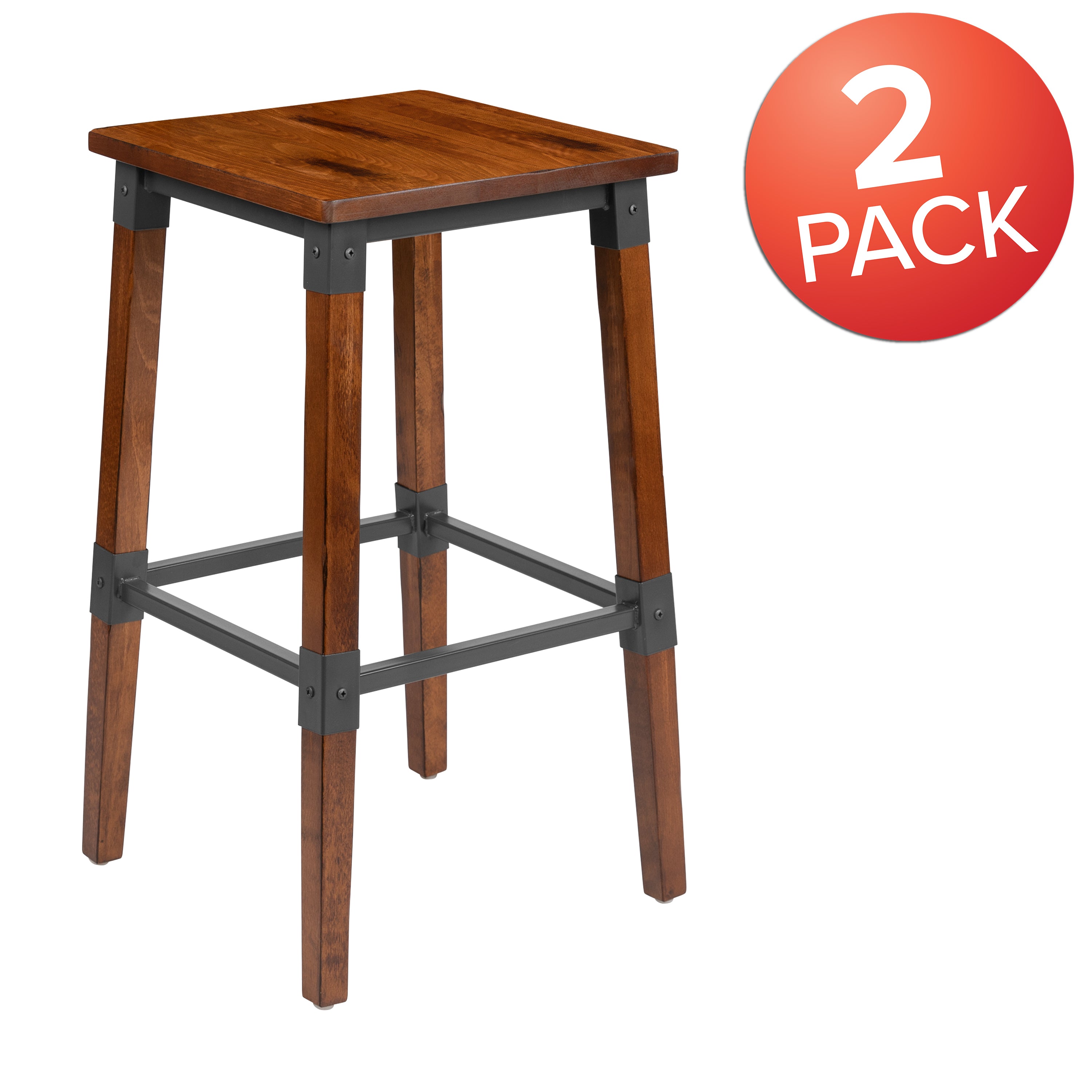 Jackson 2 Pack Rustic Antique Walnut Industrial Wood Dining Backless Barstool
