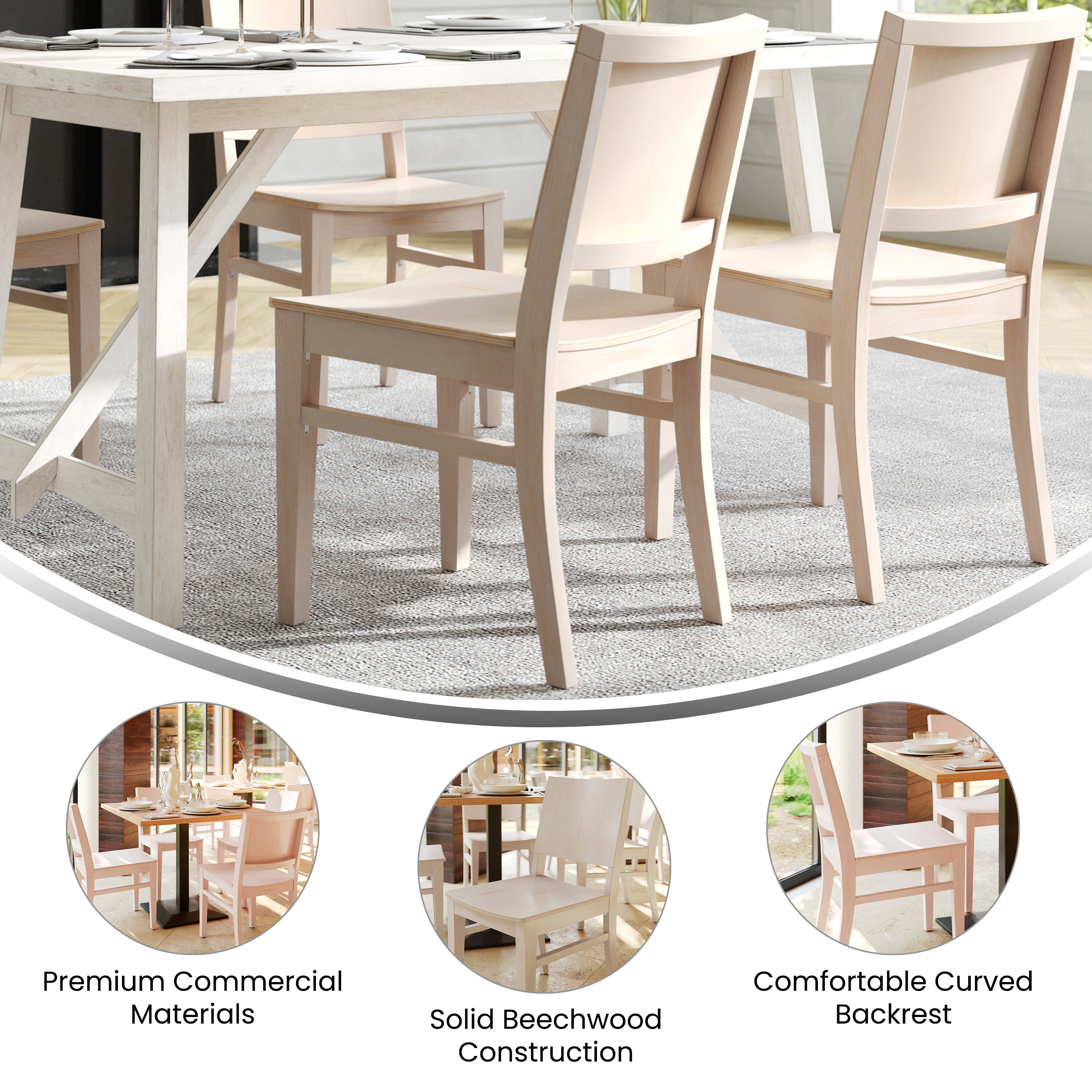 2 Pack Naples Commercial Grade Solid Wood Dining Chairs with Curved Backrests and Antique White Finish