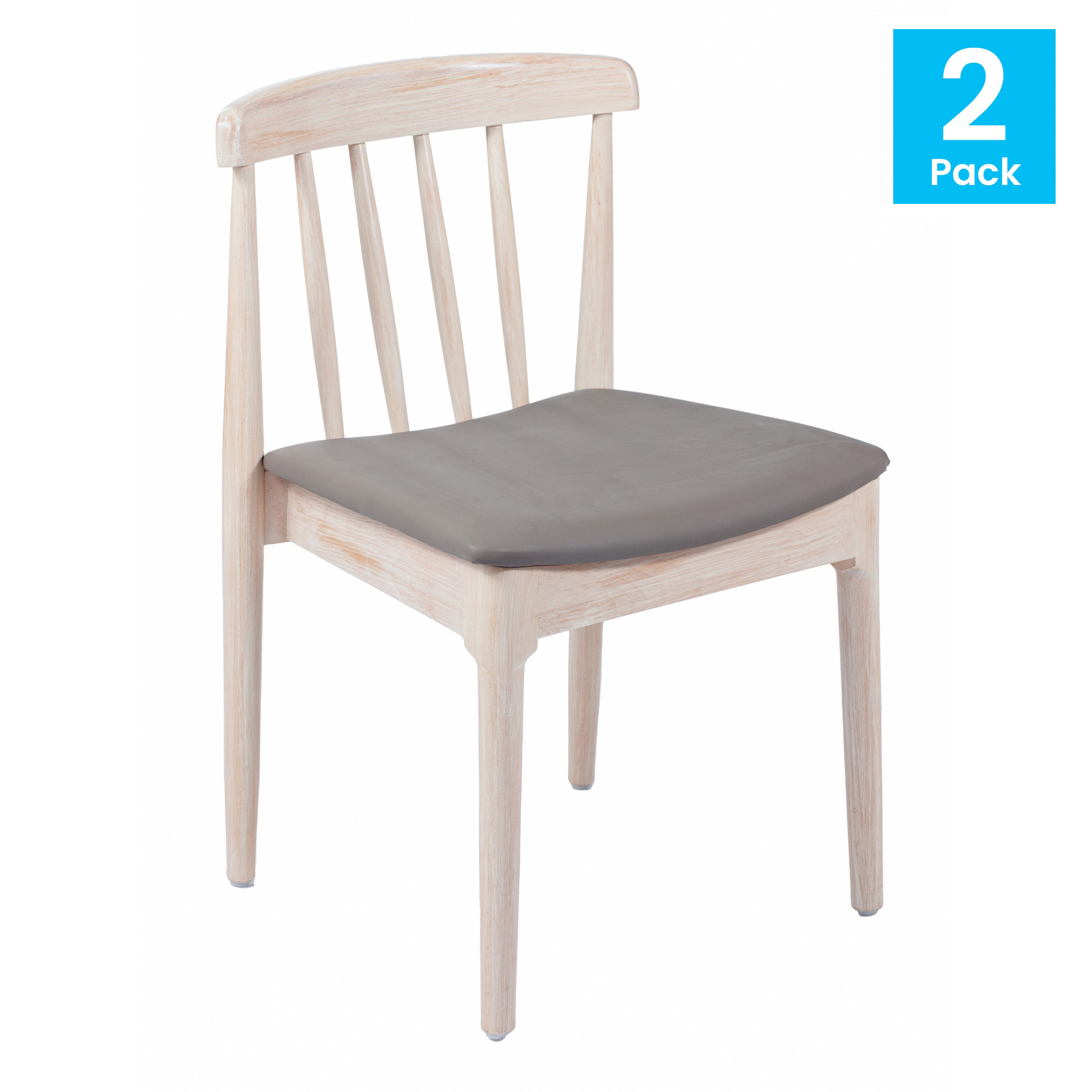 Chester Set of 2 Commercial Grade Solid Wood Antique White Dining Chairs with Curved Spindle Backrests and Beige Vinyl Seats