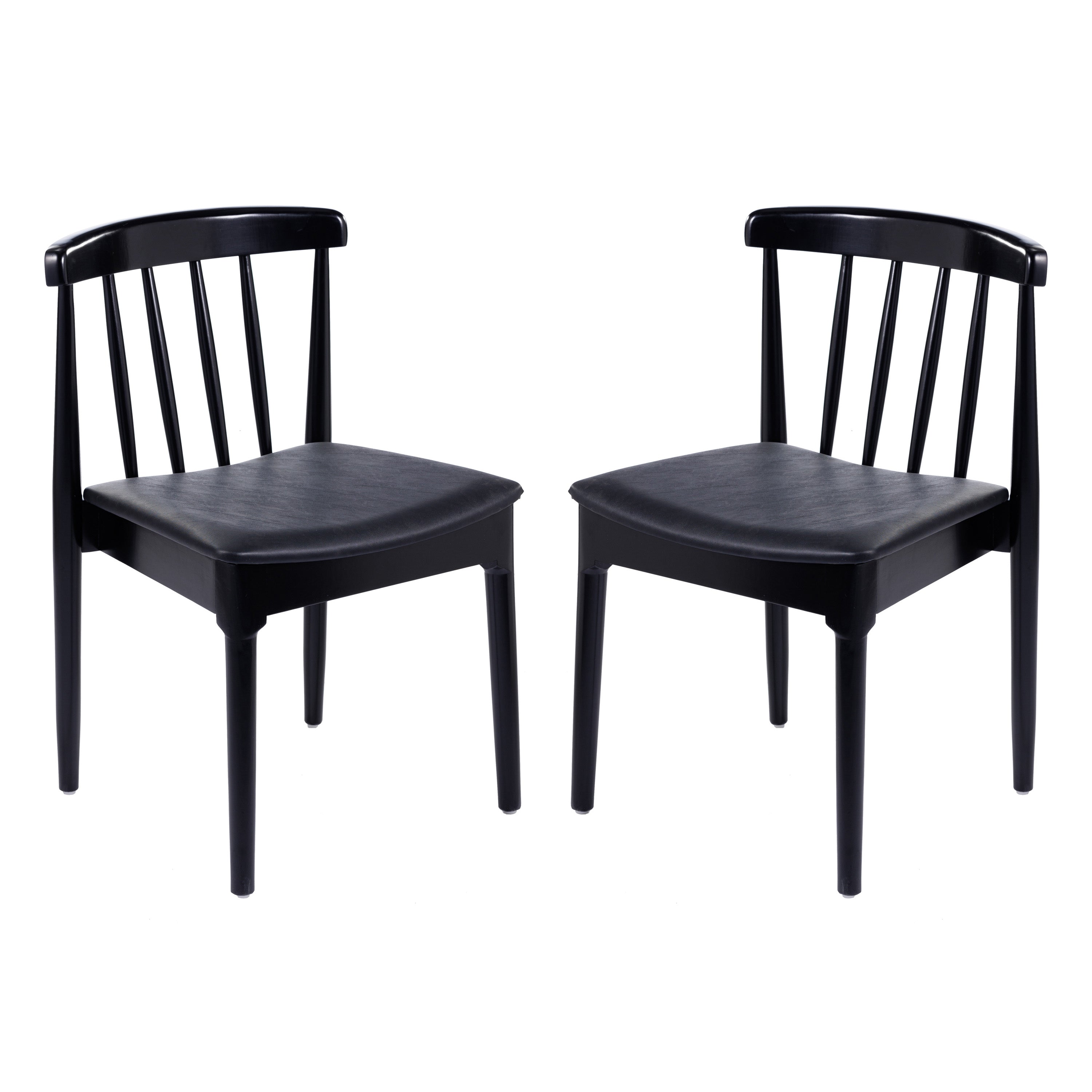 Chester Set of 2 Commercial Grade Solid Wood Black Dining Chairs with Curved Spindle Backrests and Black Vinyl Seats
