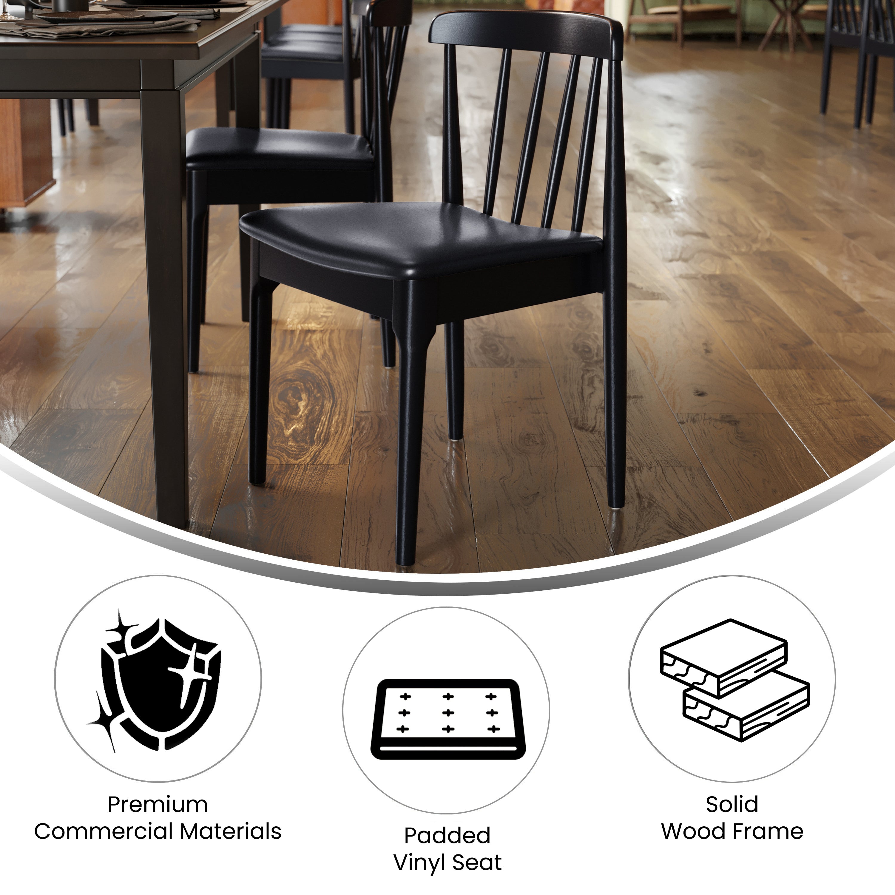 Chester Set of 2 Commercial Grade Solid Wood Black Dining Chairs with Curved Spindle Backrests and Black Vinyl Seats