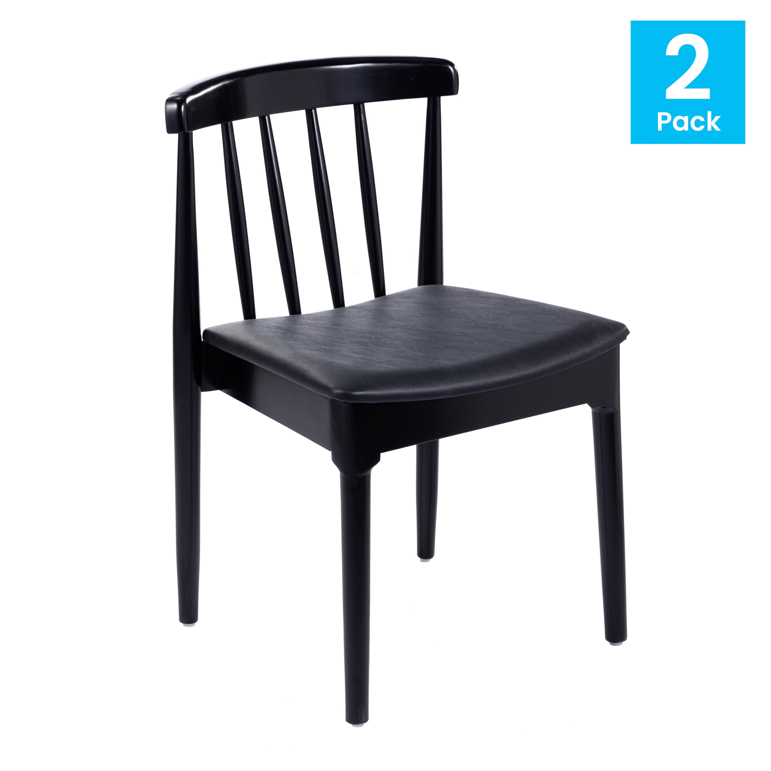 Chester Set of 2 Commercial Grade Solid Wood Black Dining Chairs with Curved Spindle Backrests and Black Vinyl Seats