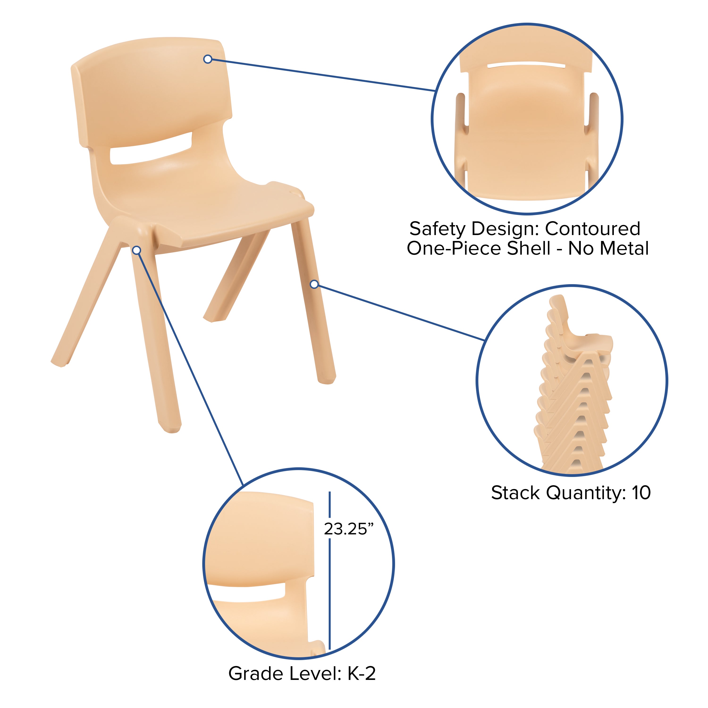Whitney 2 Pack Natural Plastic Stackable School Chair with 13.25" Seat Height