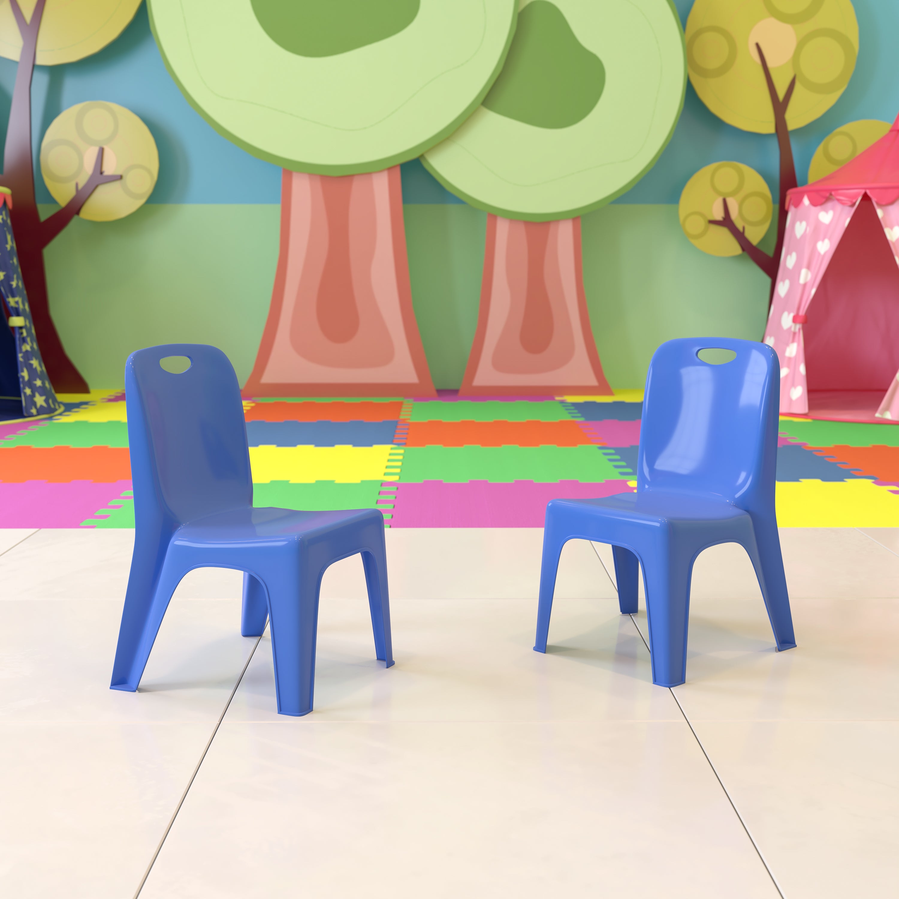 Whitney 2 Pack Blue Plastic Stackable School Chair with Carrying Handle and 11" Seat Height