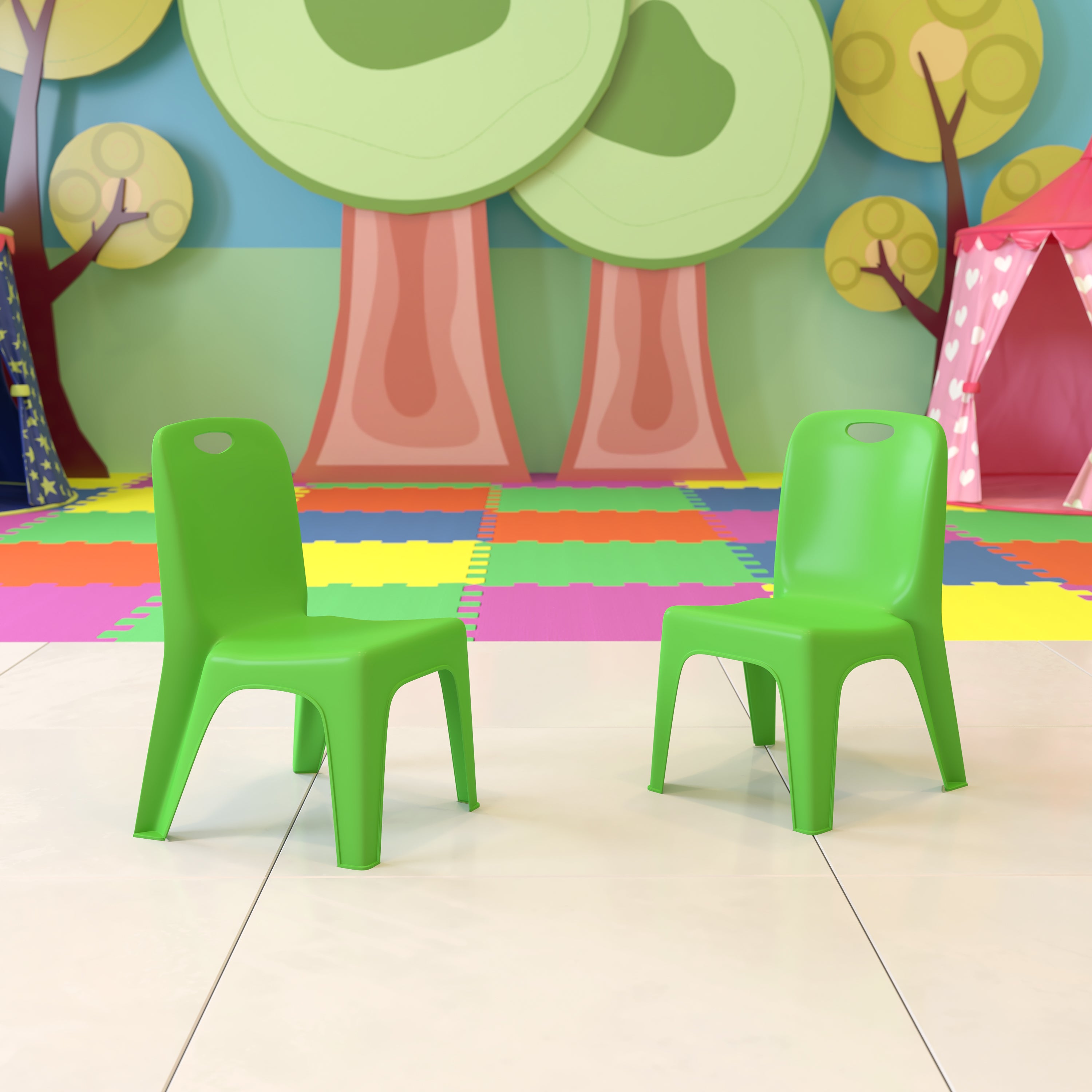 Whitney 2 Pack Green Plastic Stackable School Chair with Carrying Handle and 11" Seat Height