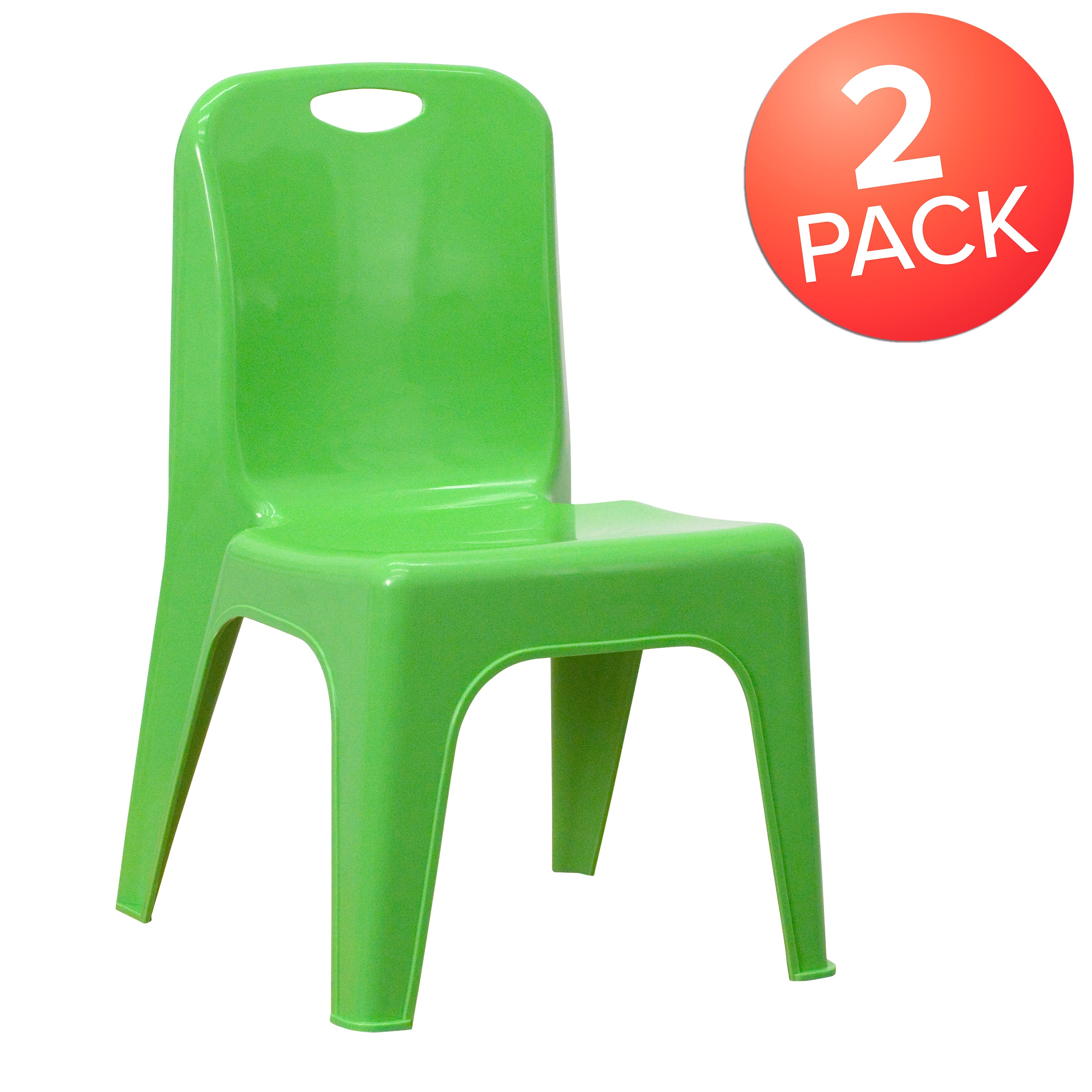 Whitney 2 Pack Green Plastic Stackable School Chair with Carrying Handle and 11" Seat Height