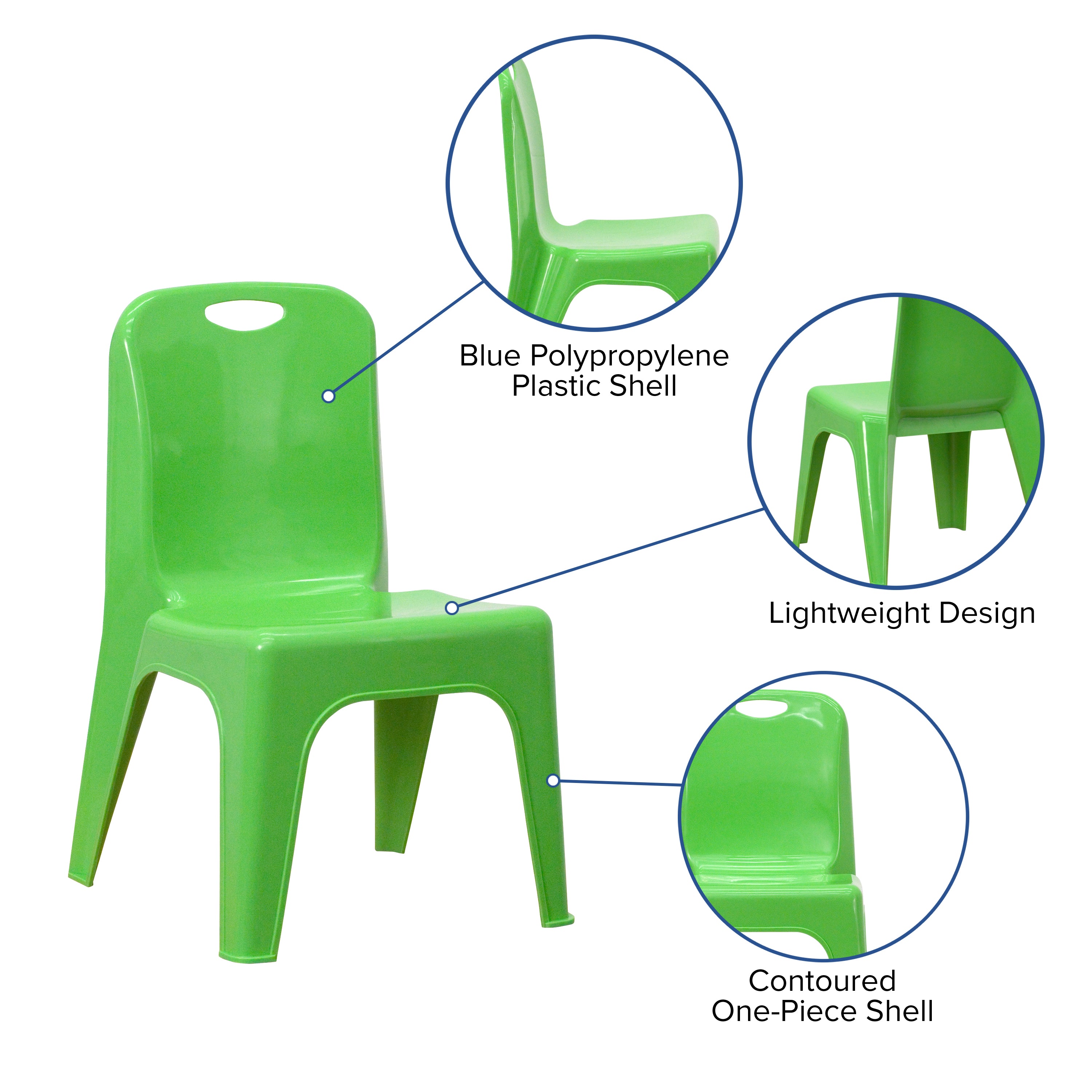 Whitney 2 Pack Green Plastic Stackable School Chair with Carrying Handle and 11" Seat Height