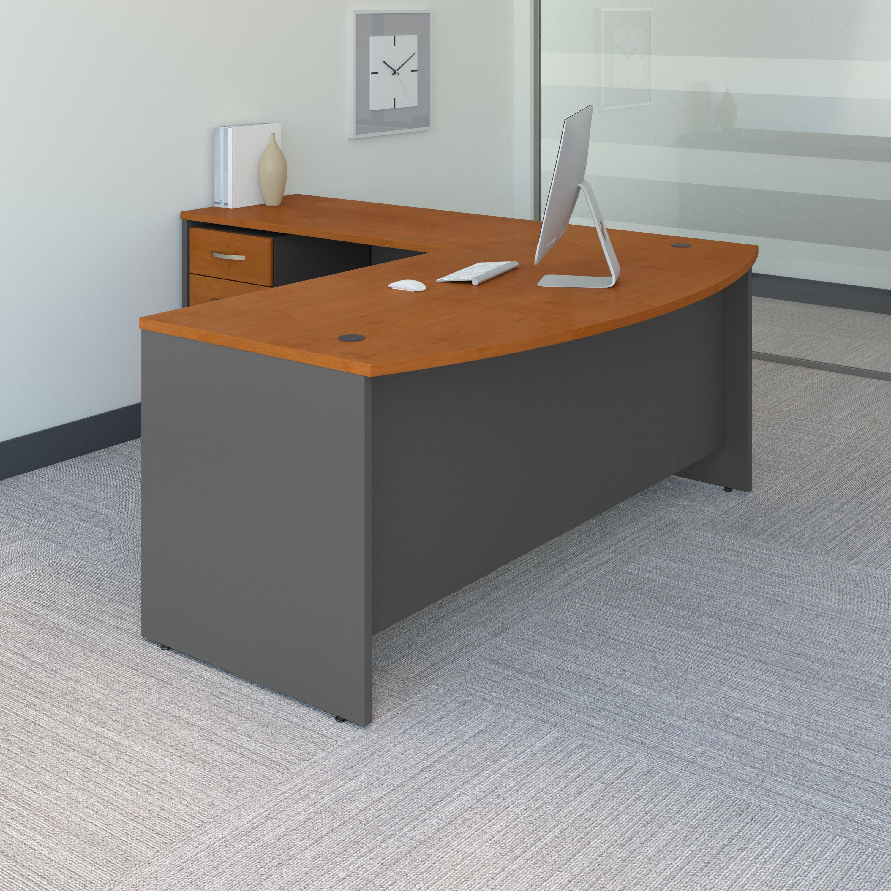 Bush Business Furniture Series C 72W Bow Front L Shaped Desk with 48W Return and Mobile File Cabinet in Natural Cherry - 71.1" Width x 83.74" Depth x 29.84" Height