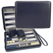 Backgammon  Sets Case With Strap And Zipper, Magnetic (Comes With Black/Cream Accessories), Color:Blue