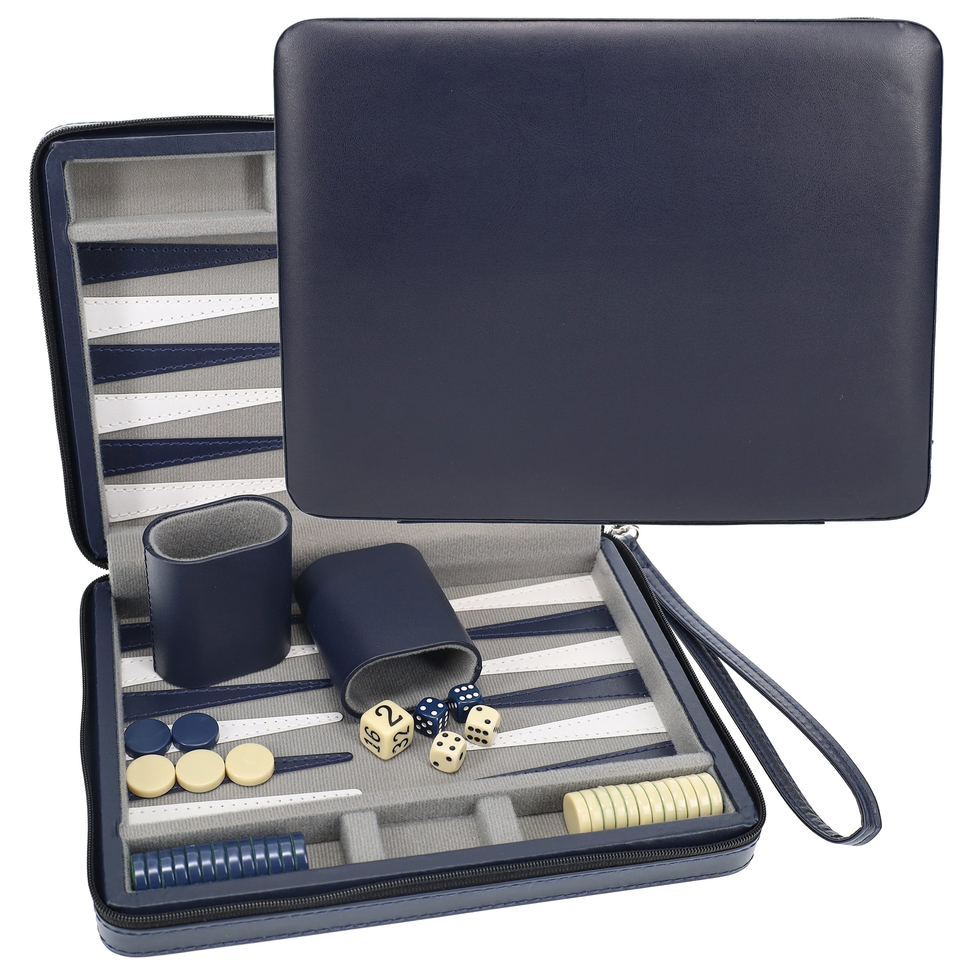 Backgammon  Sets Case With Strap And Zipper, Magnetic (Comes With Black/Cream Accessories), Color:Blue