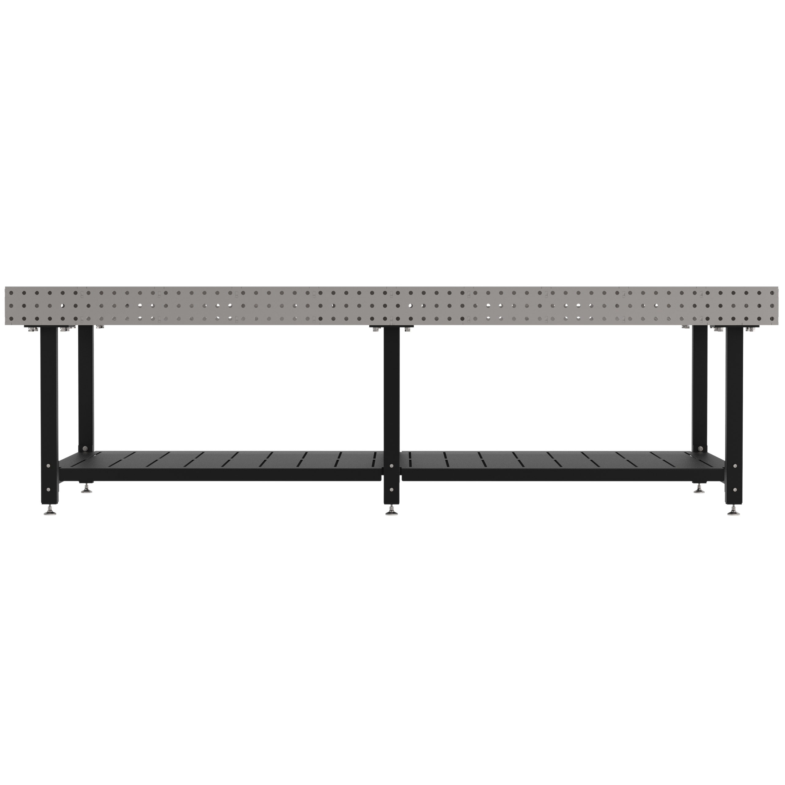 Welding Fixture Table, Fixed Height, 36"H x 120"L x 60"D, 1/4" Carbon Steel Top, Six Black Powdercoat Legs, Shelf, Self-Leveling Feet