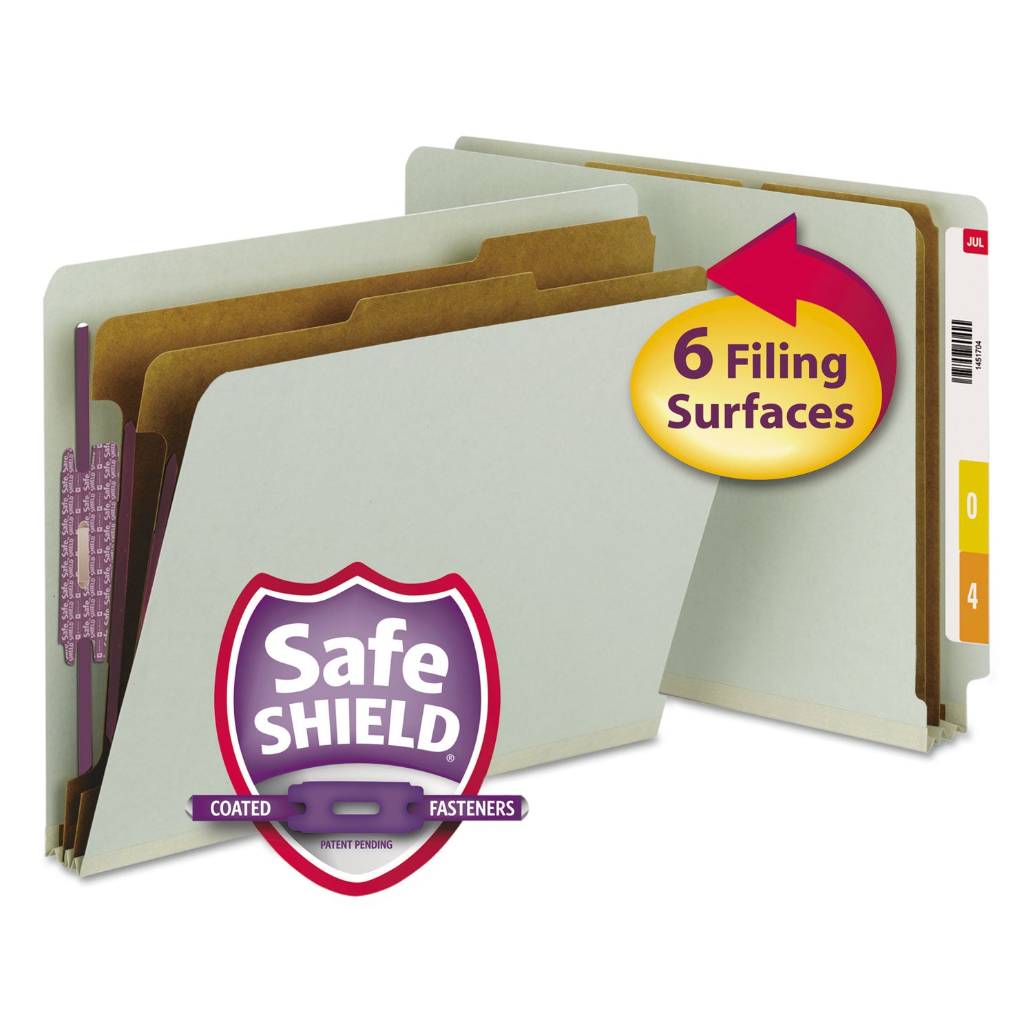 Smead End Tab Pressboard Classification Folders, Letter Size, 2" Expansion, 2 Fasteners, 2 Dividers, Straight Tab, Gray/Green, 100% Recycled, 10/Box