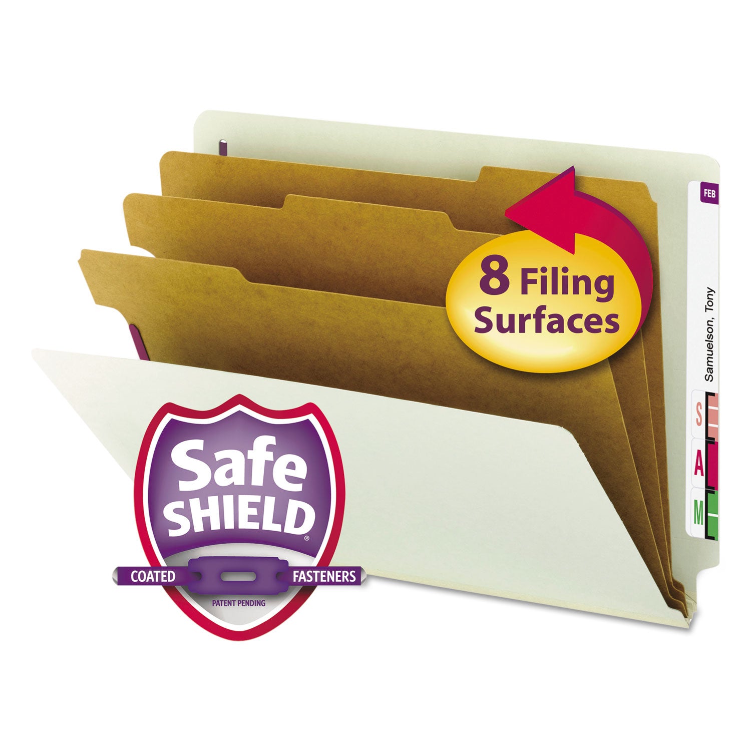 Smead End Tab Pressboard Classification Folders, Letter Size, 3" Expansion, 3 Dividers, 2 Fasteners, Straight Tab, Gray/Green, 100% Recycled, 25 pt. Pressboard, 10/Box
