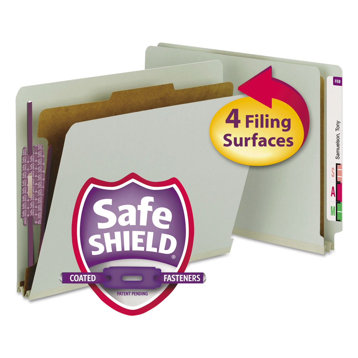 Smead End Tab Pressboard Classification Folder, Letter Size, 2" Expansion, 2 Fasteners, 1 Divider, Straight Tab, Heavy Duty, Tear Resistant, 100% Recycled, Gray/Green, 10/Box