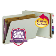 Smead Legal Size End Tab Pressboard Classification Folders, 2" Expansion, 2 Dividers, 2 Fasteners, Heavy Duty, Tear Resistant, 100% Recycled, Gray/Green, 10/Box