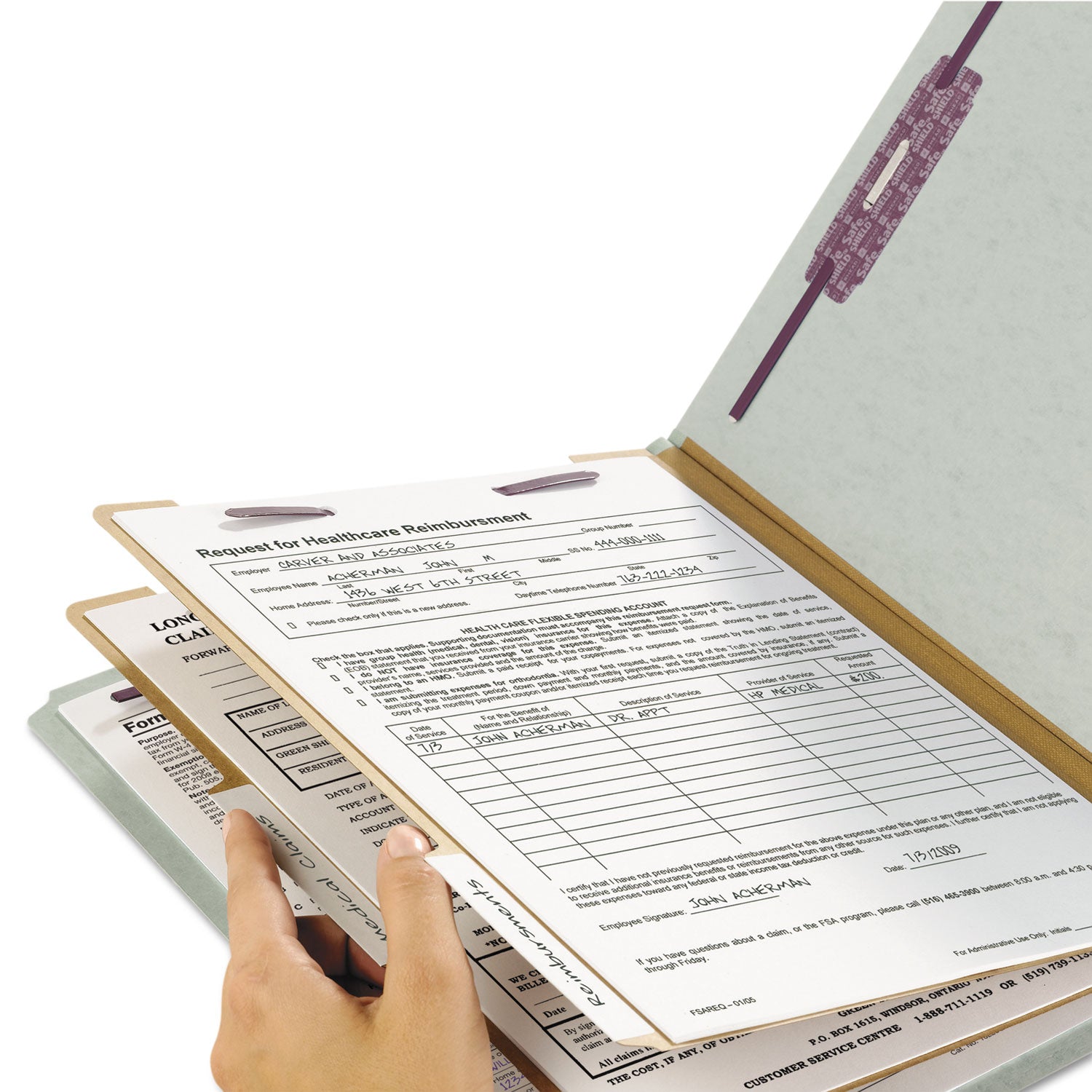 Smead Legal Size End Tab Pressboard Classification Folders, 2" Expansion, 2 Dividers, 2 Fasteners, Heavy Duty, Tear Resistant, 100% Recycled, Gray/Green, 10/Box