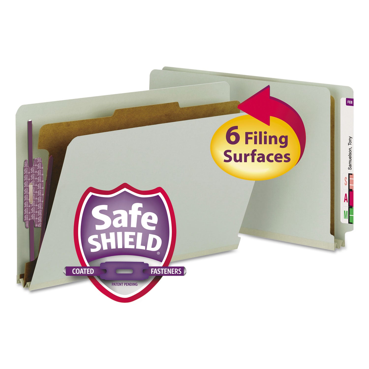 Smead End Tab Legal Size Pressboard Classification Folder, Straight Tab, 2" Expansion, 2 Fasteners, 1 Divider, Heavy Duty, Tear Resistant, 100% Recycled, Gray/Green, 10/Box