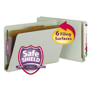 Smead End Tab Legal Size Pressboard Classification Folder, Straight Tab, 2" Expansion, 2 Fasteners, 1 Divider, Heavy Duty, Tear Resistant, 100% Recycled, Gray/Green, 10/Box