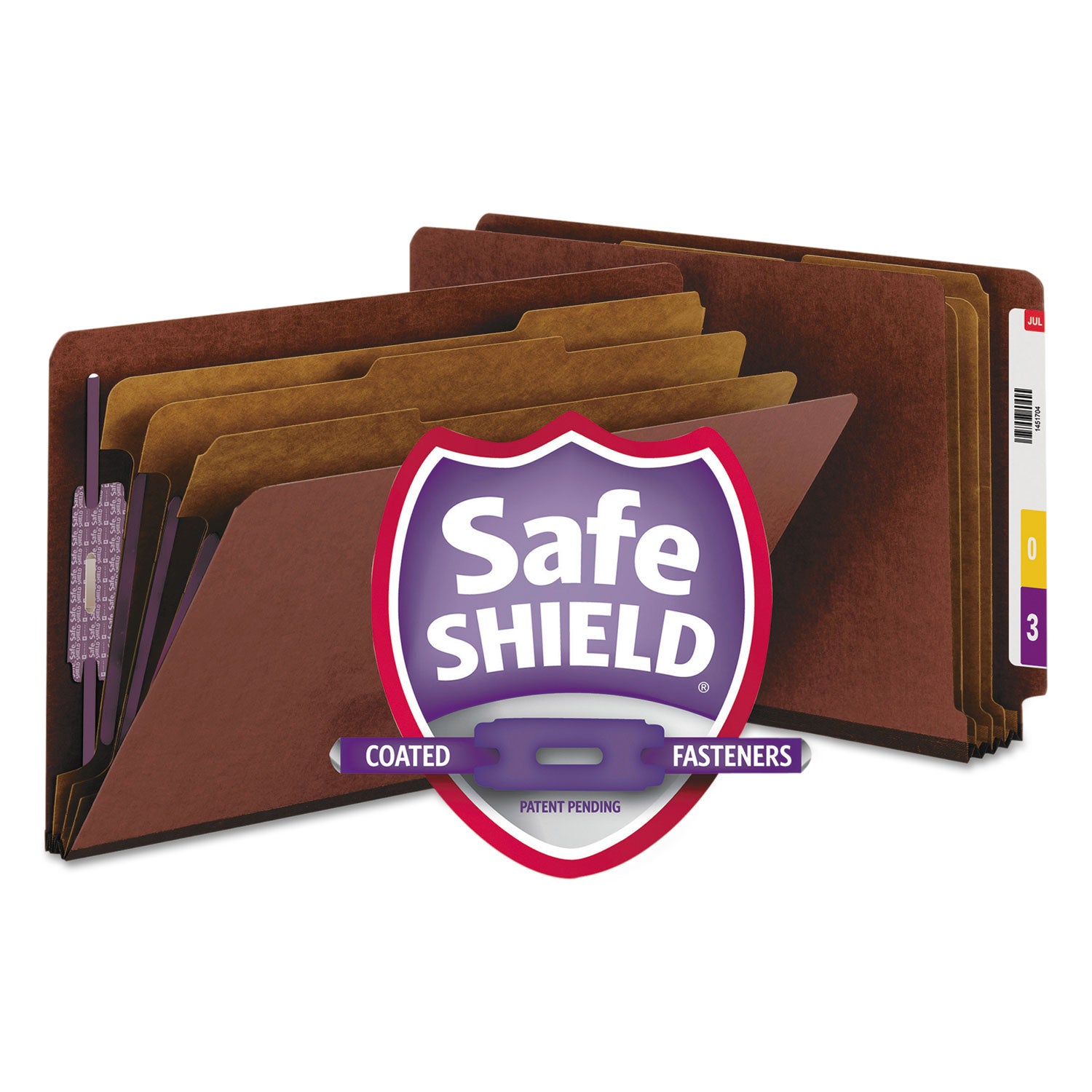 Smead 1/3 Tab Cut Legal Recycled Classification Folder - 8 1/2" x 14" - 3" Expansion - 2 x 2S Fastener(s) - 2" for Folder, 1" for Divider - End Tab Location - 3 Divider(s) - 25 pt. - Pressboard - Red - Rounded Corner - 60% Recycled - 10 / Box