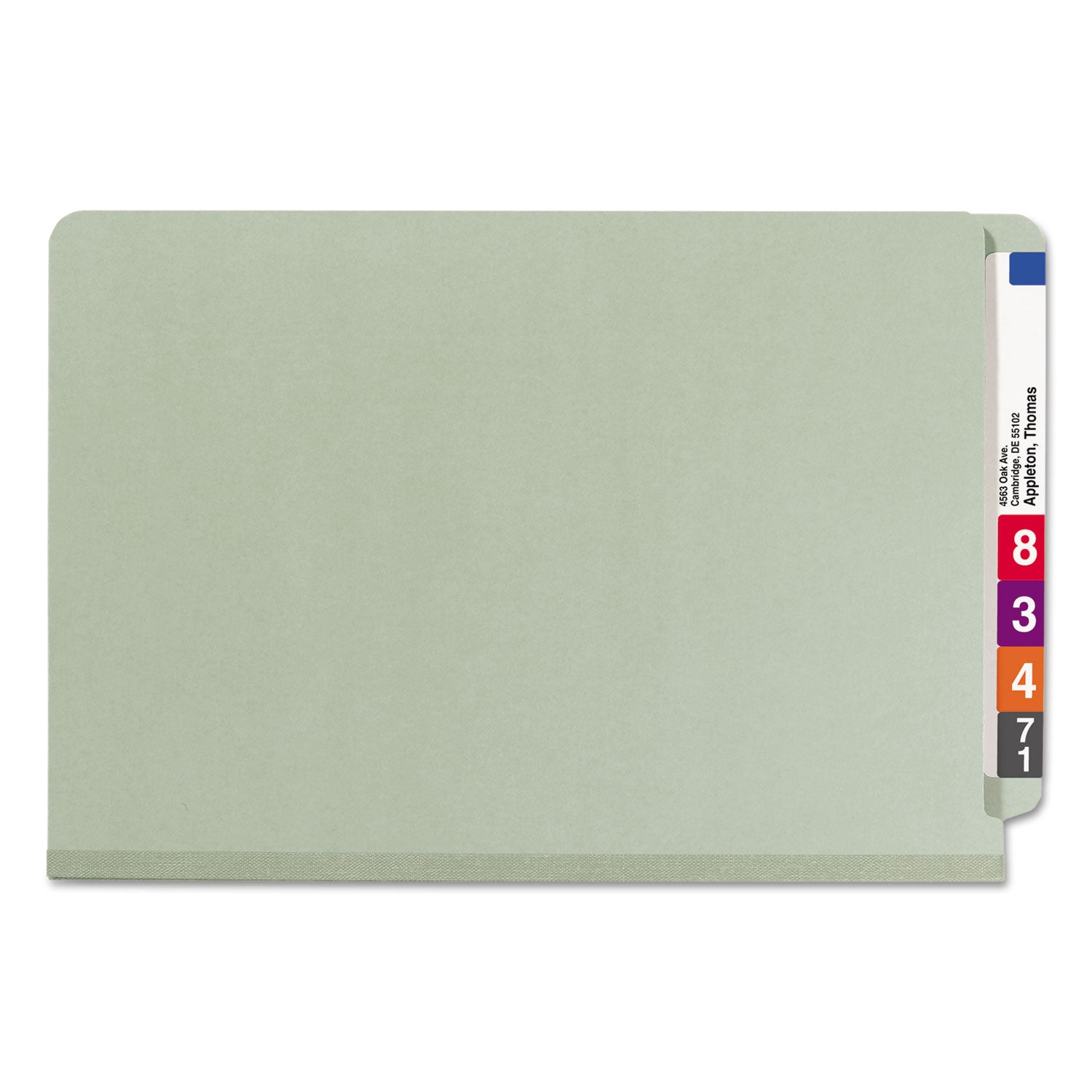 Smead End Tab Legal Size Pressboard Classification Folder, Straight Tab, 2" Expansion, 2 Fasteners, 1 Divider, Heavy Duty, Tear Resistant, 100% Recycled, Gray/Green, 10/Box