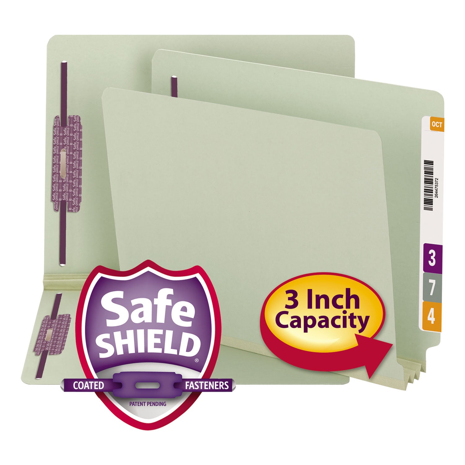 Smead Letter Recycled Fastener Folder - 8 1/2" x 11" - 3" Expansion - 2 x 2S Fastener(s) - 2" for Folder - End Tab Location - 25 pt. - Pressboard - Gray, Green - Heavy Duty, Rounded Corner - 100% Recycled - 25 / Box