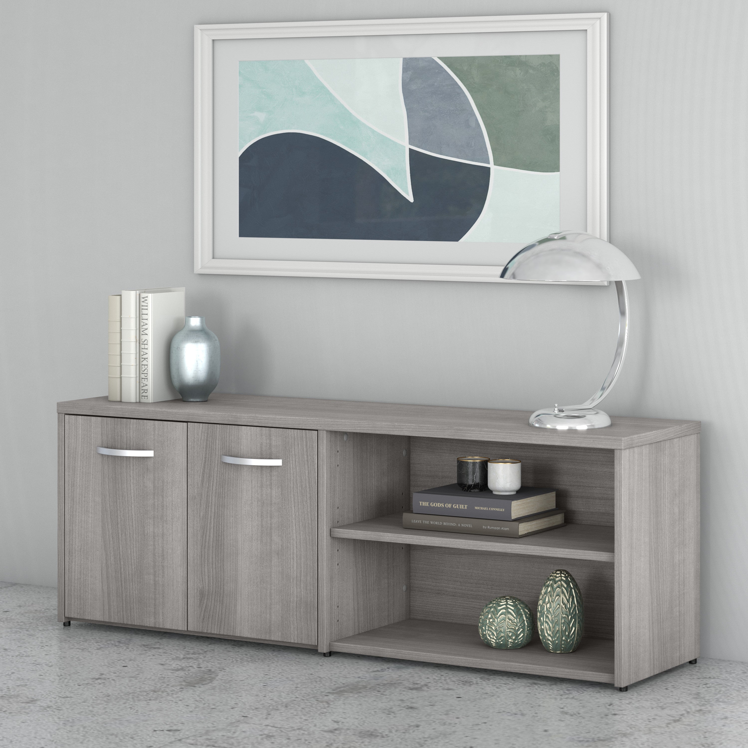 Bush Business Furniture Studio C Low Storage Cabinet with Doors and Shelves in Platinum Gray - 59.17" Width x 15.71" Depth x 21.2" Height