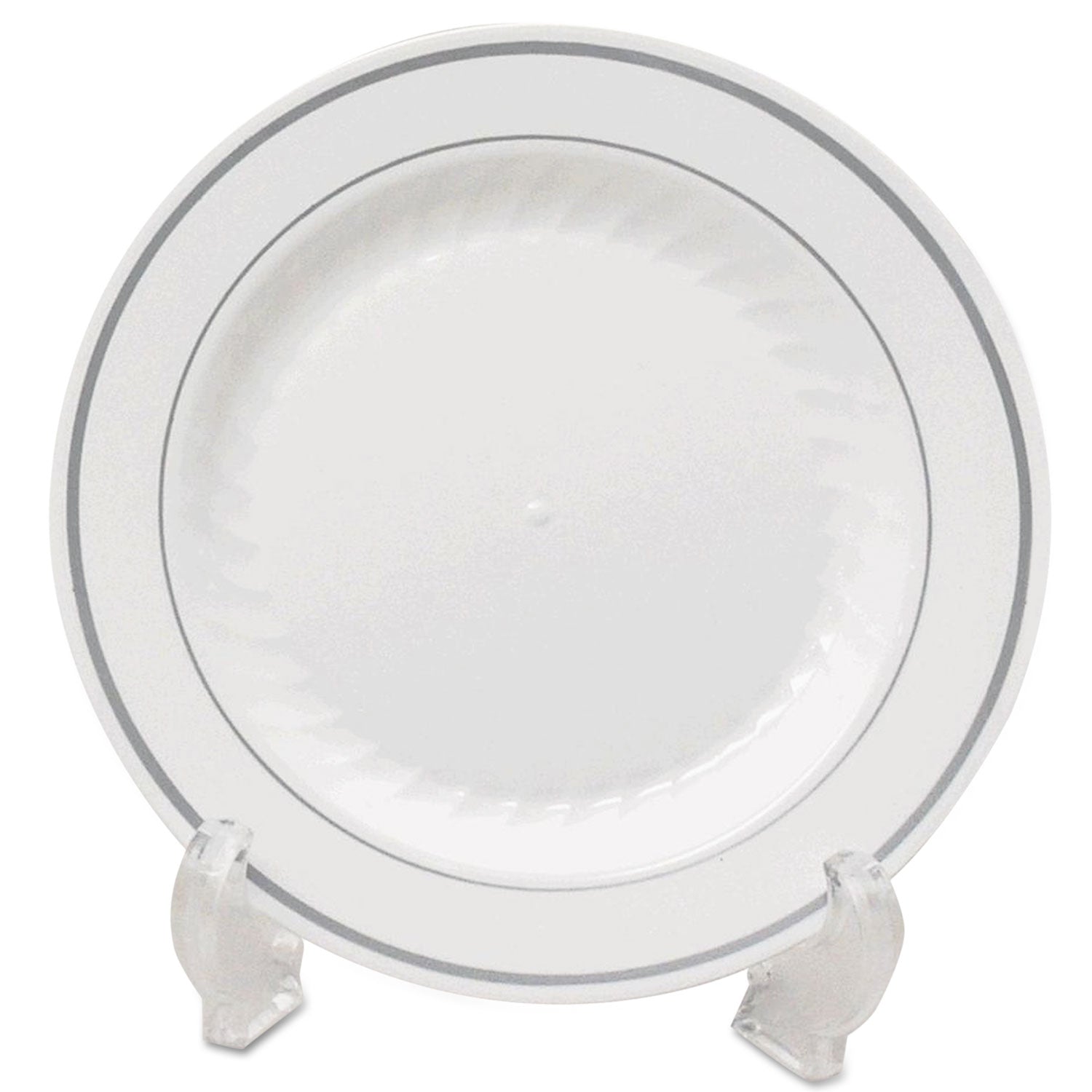 Masterpiece Plastic Dinnerware, Plate, 7.5" Dia, White/silver, 10/pack, 15 Packs/carton