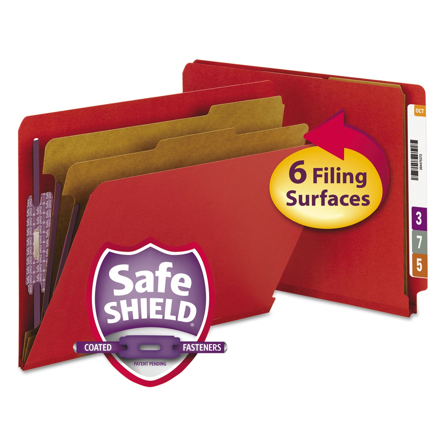 Smead Straight Tab Cut Letter Recycled Classification Folder - 8 1/2" x 11" - 2" Expansion - 2 x 2S Fastener(s) - 2" for Folder - End Tab Location - 2 Divider(s) - 25 pt. - Pressboard - Bright Red - 100% Recycled - 10 / Box