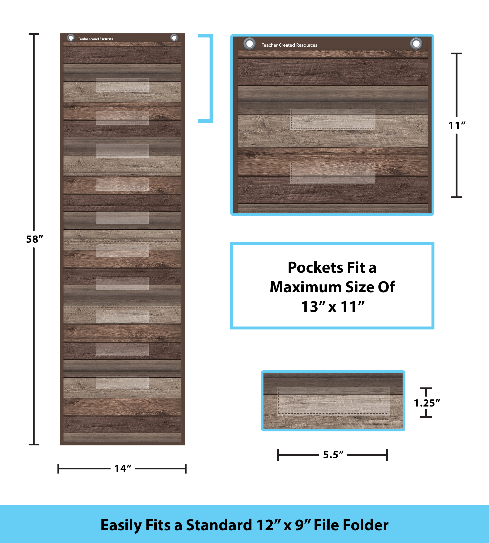 Dark Wood 10 Pocket File Storage Pocket Chart (14" x 58")