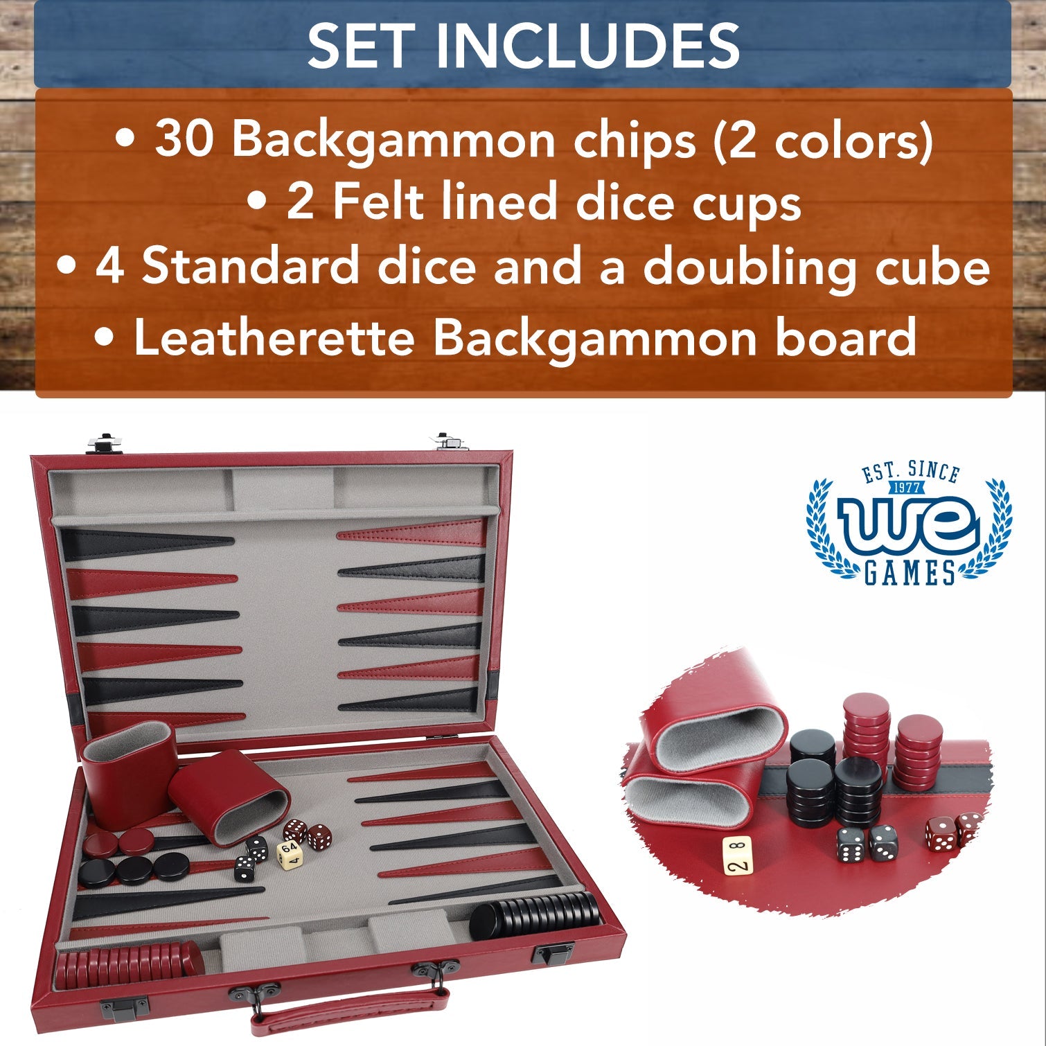 Burgundy/Black Leatherette Backgammon Set, 18 x 11 in. closed
