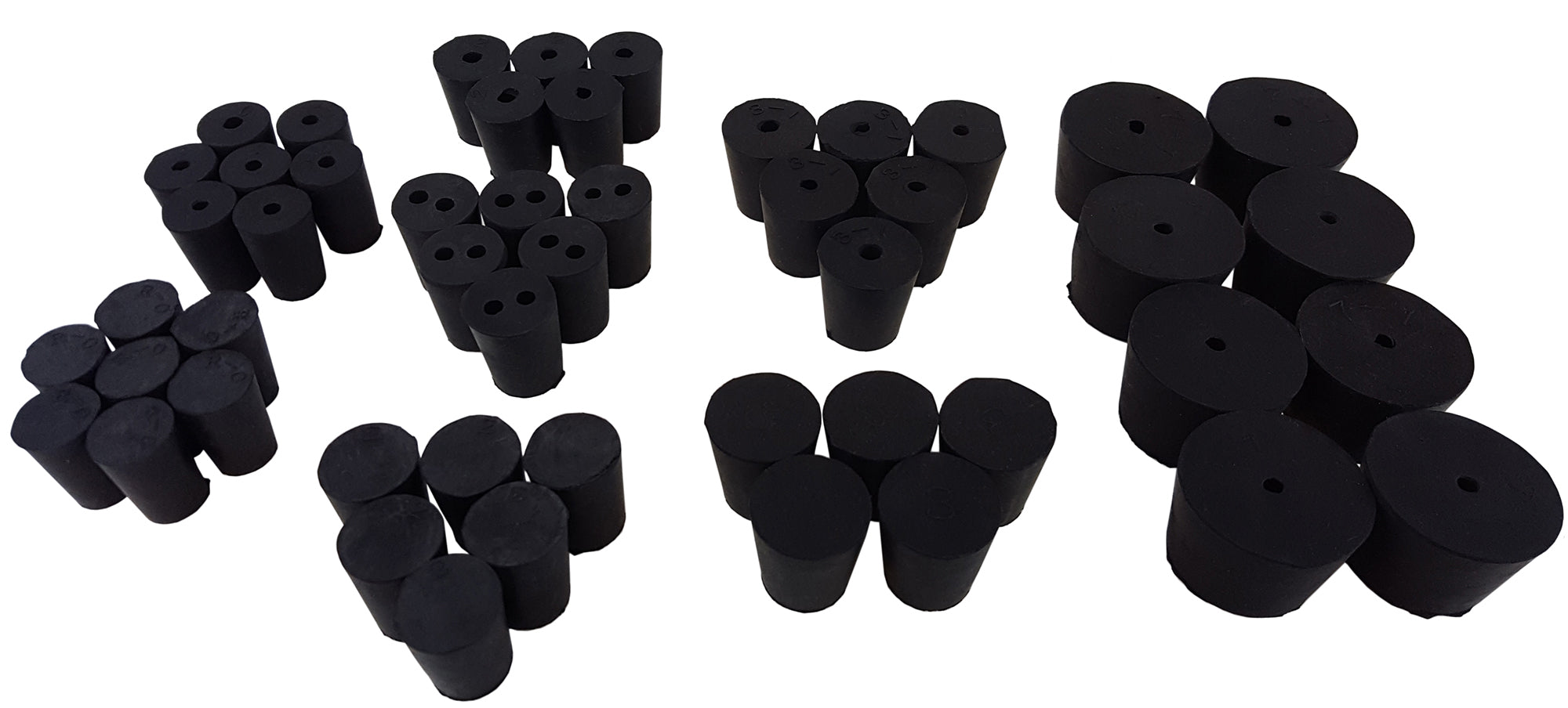 Stopper Rubber Assorted Set Size 0-3, Solid, 1 hole, 2 hole.