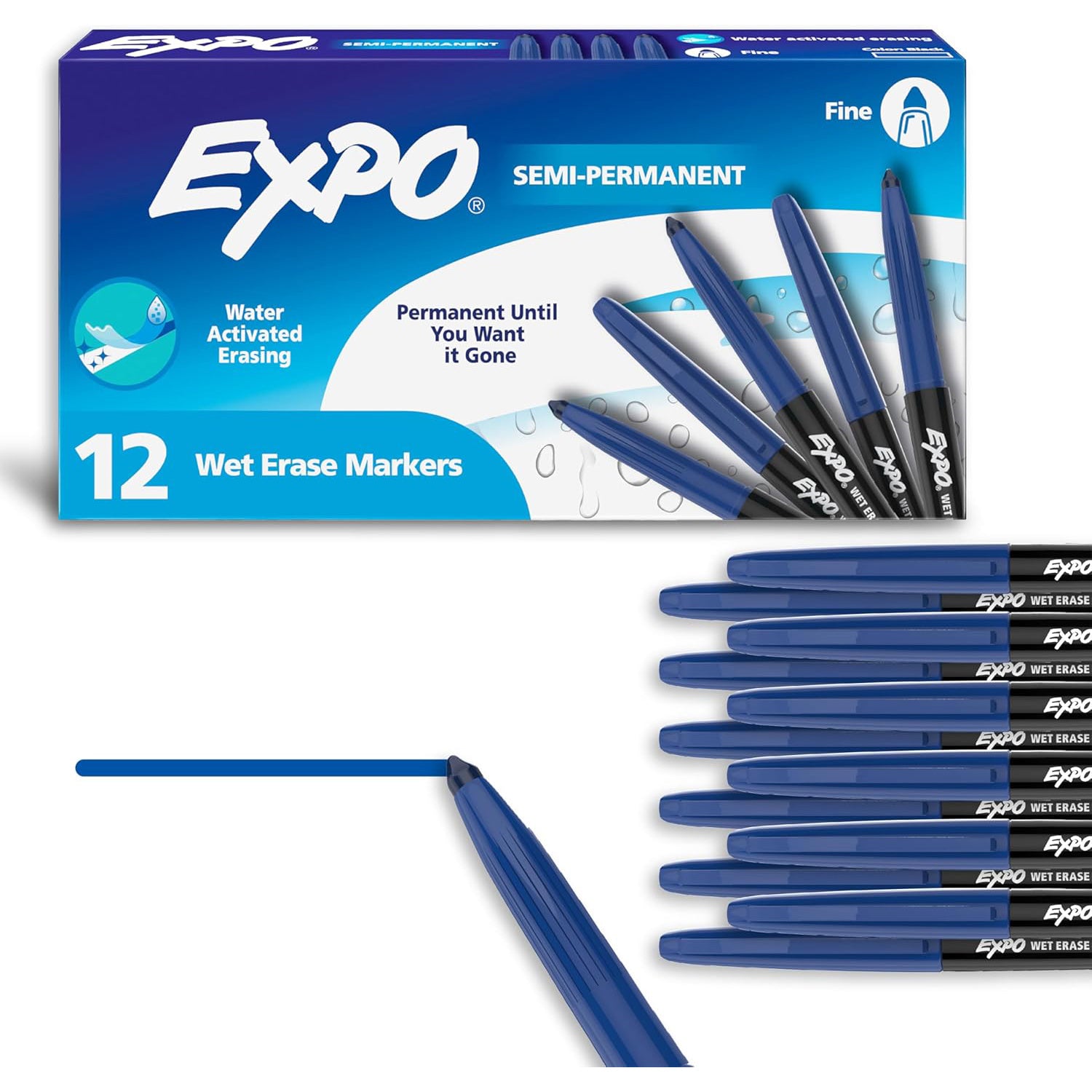 Vis-a-Vis Wet Erase Markers, Fine Point, Blue, 12 Count