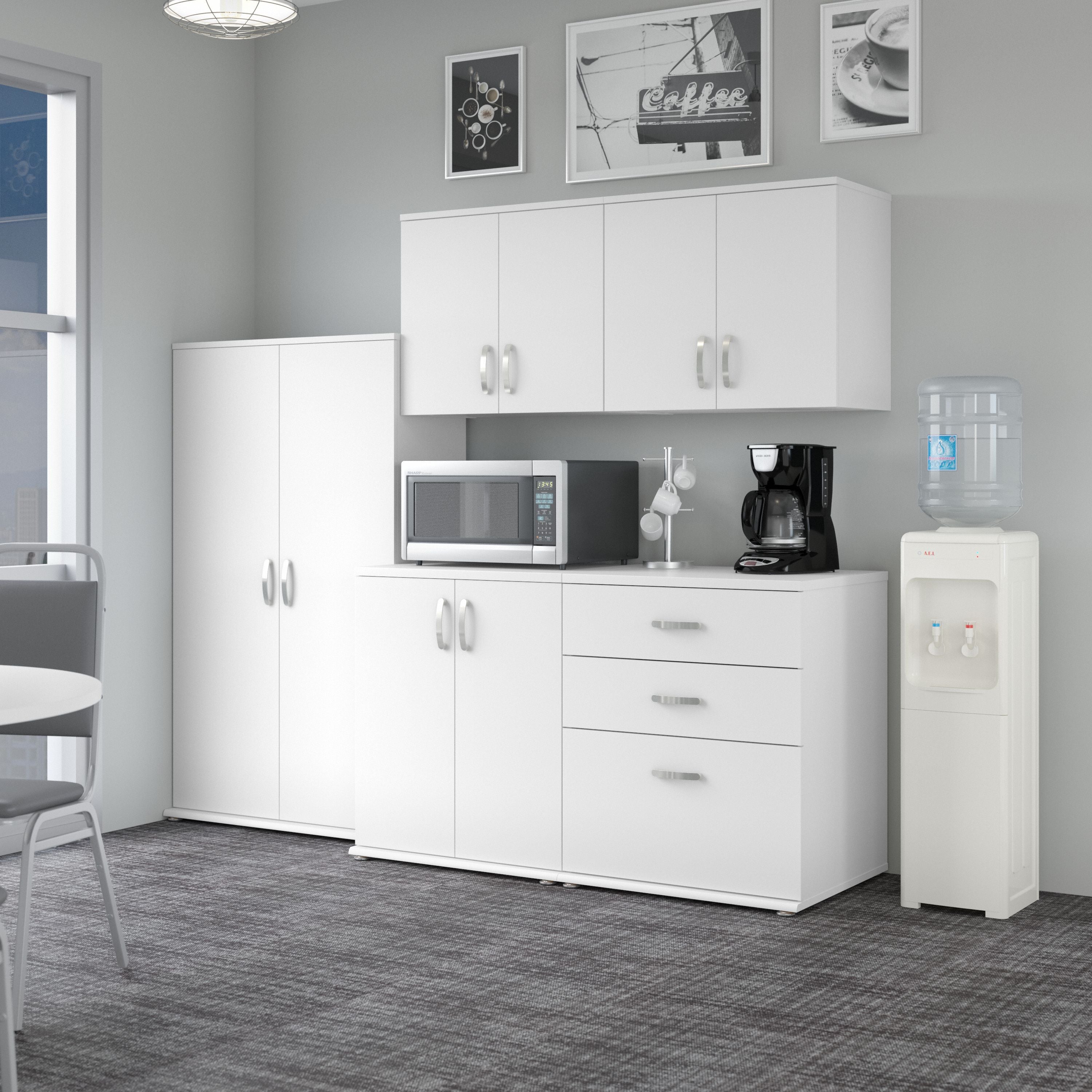Bush Business Furniture Universal 92W 5 Piece Modular Storage Set with Floor and Wall Cabinets in White - 92.41" Width x 24.69" Depth x 61.81" Height