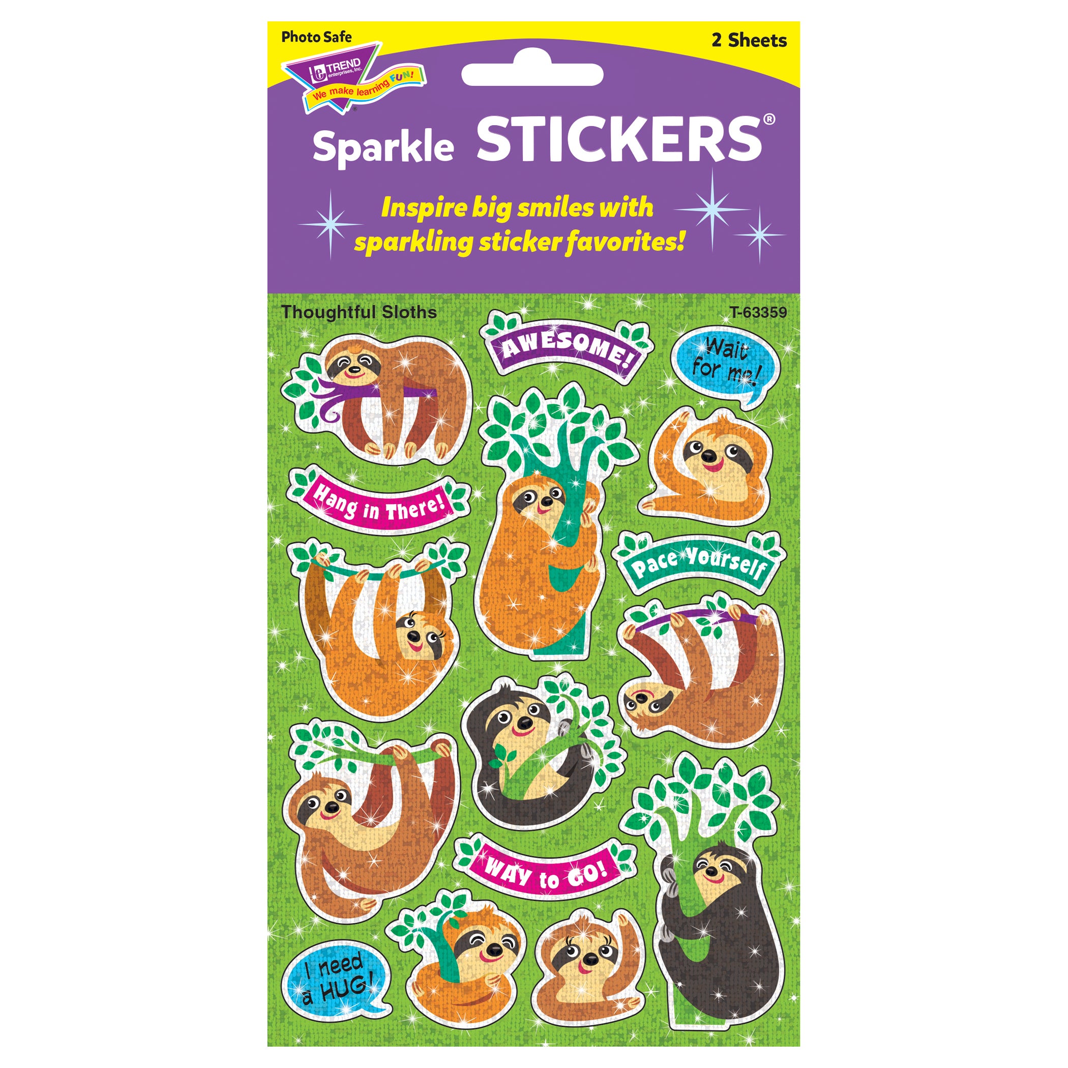 Thoughtful Sloths Sparkle Stickers®, 32 Count