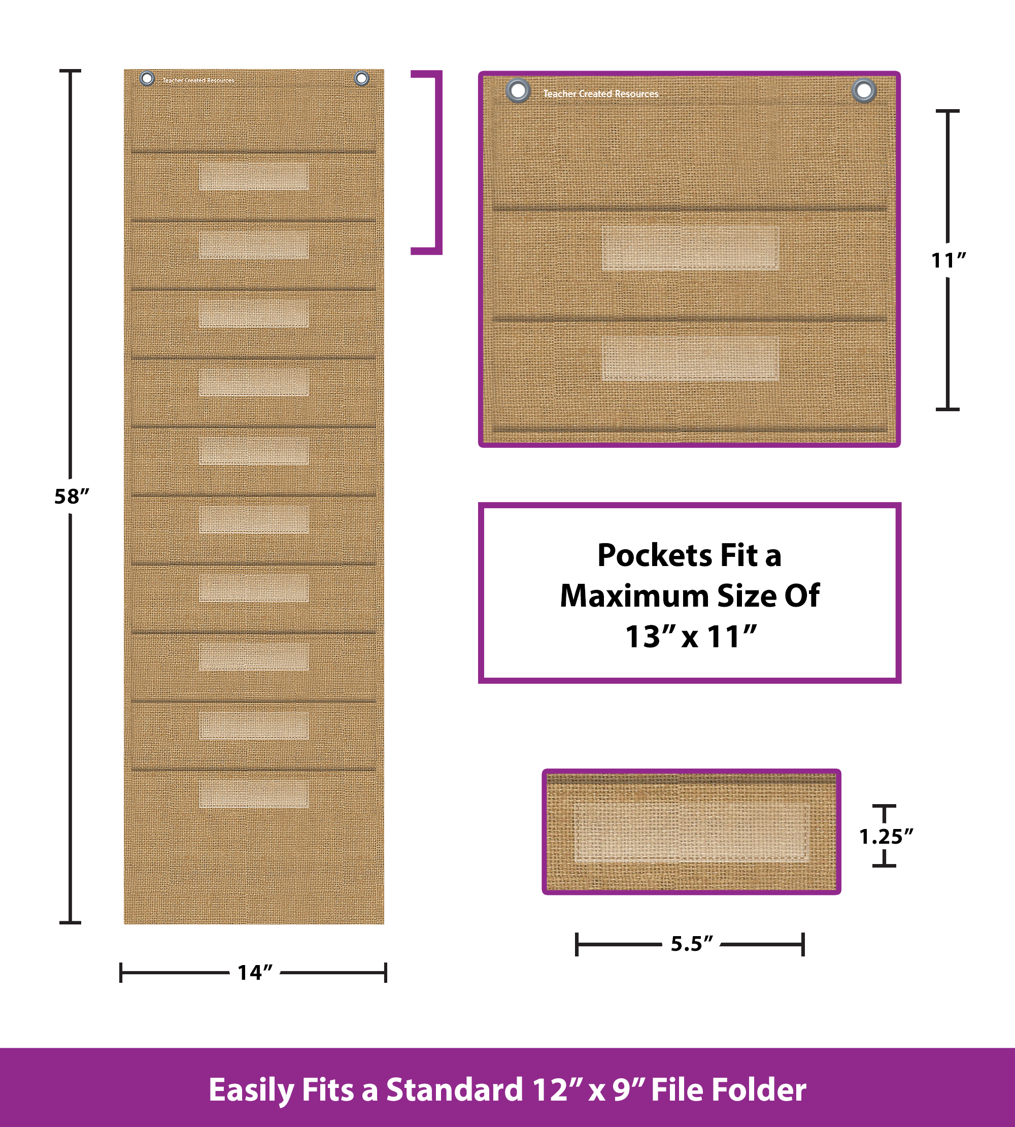 Burlap 10 Pocket File Storage Pocket Chart (14" x 58")