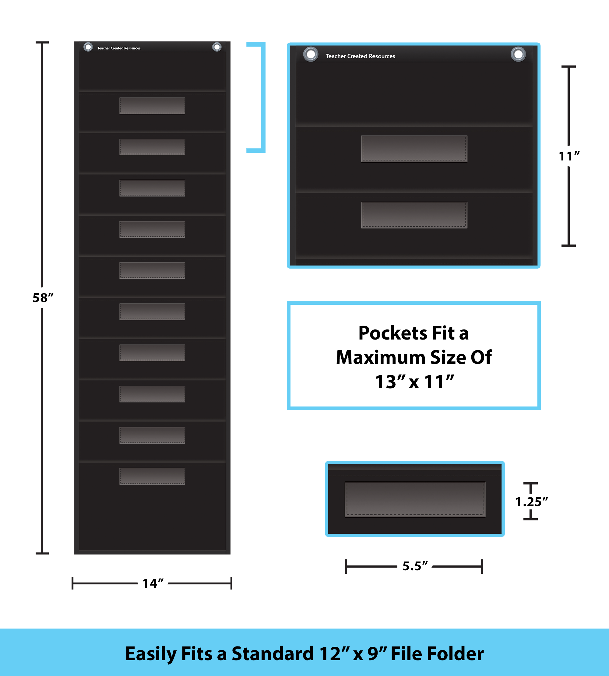 Black 10 Pocket File Storage Pocket Chart (14" x 58")