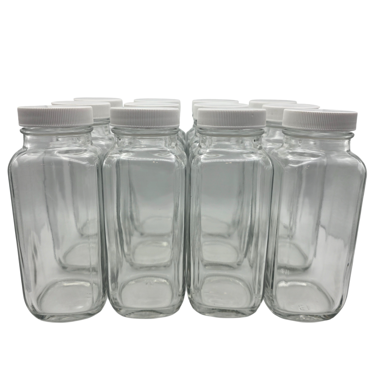 Bottle with Cap, Flint Glass, Clear, French Square, 8oz, 43/400 Neck Size, Pack of 12