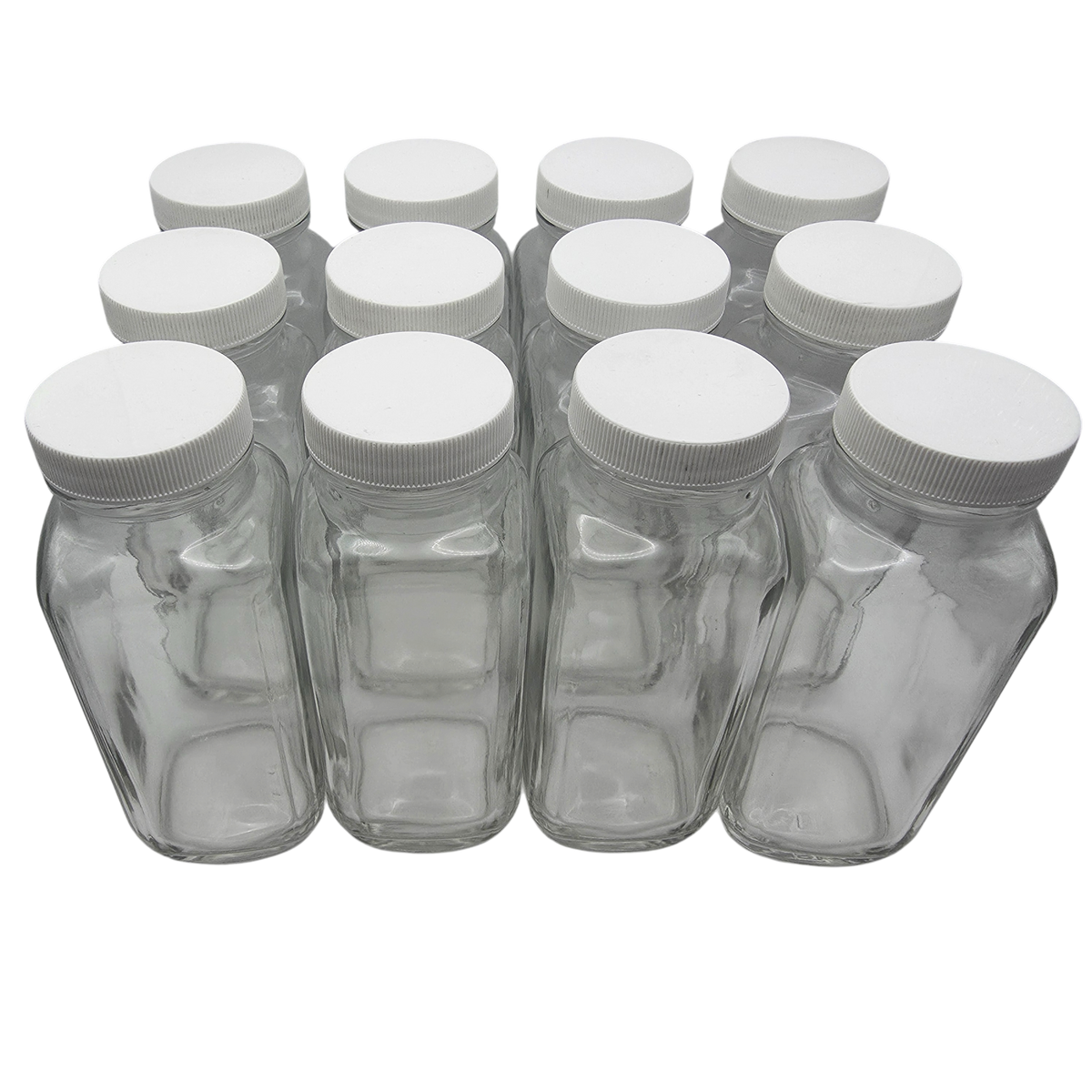 Bottle with Cap, Flint Glass, Clear, French Square, 8oz, 43/400 Neck Size, Pack of 12